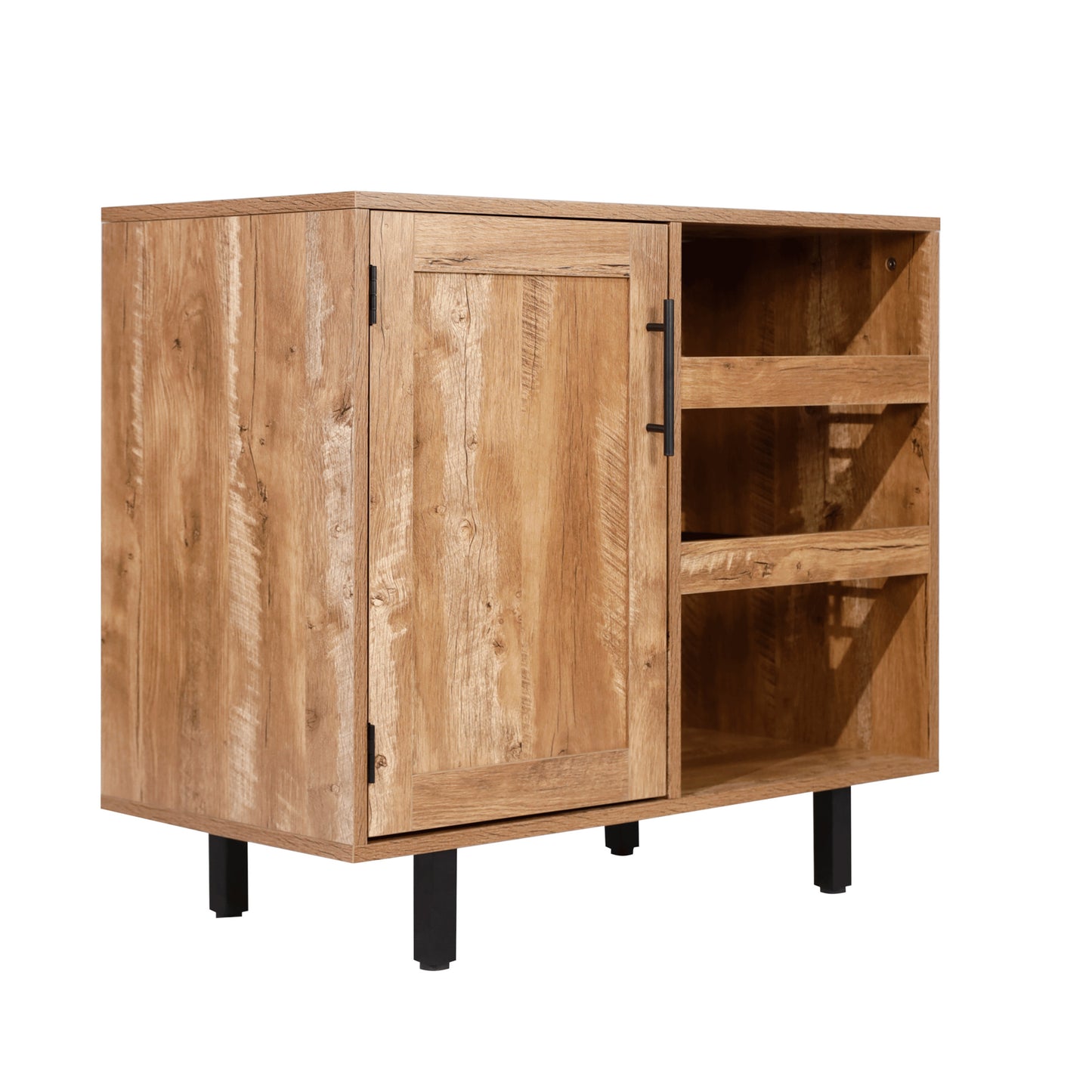 Elmont Classic Bar and Sideboard with Shaker Style Single Door Cabinet with Hanging Glass Storage and Open Bottle Shelves, Light Brown Light Brown