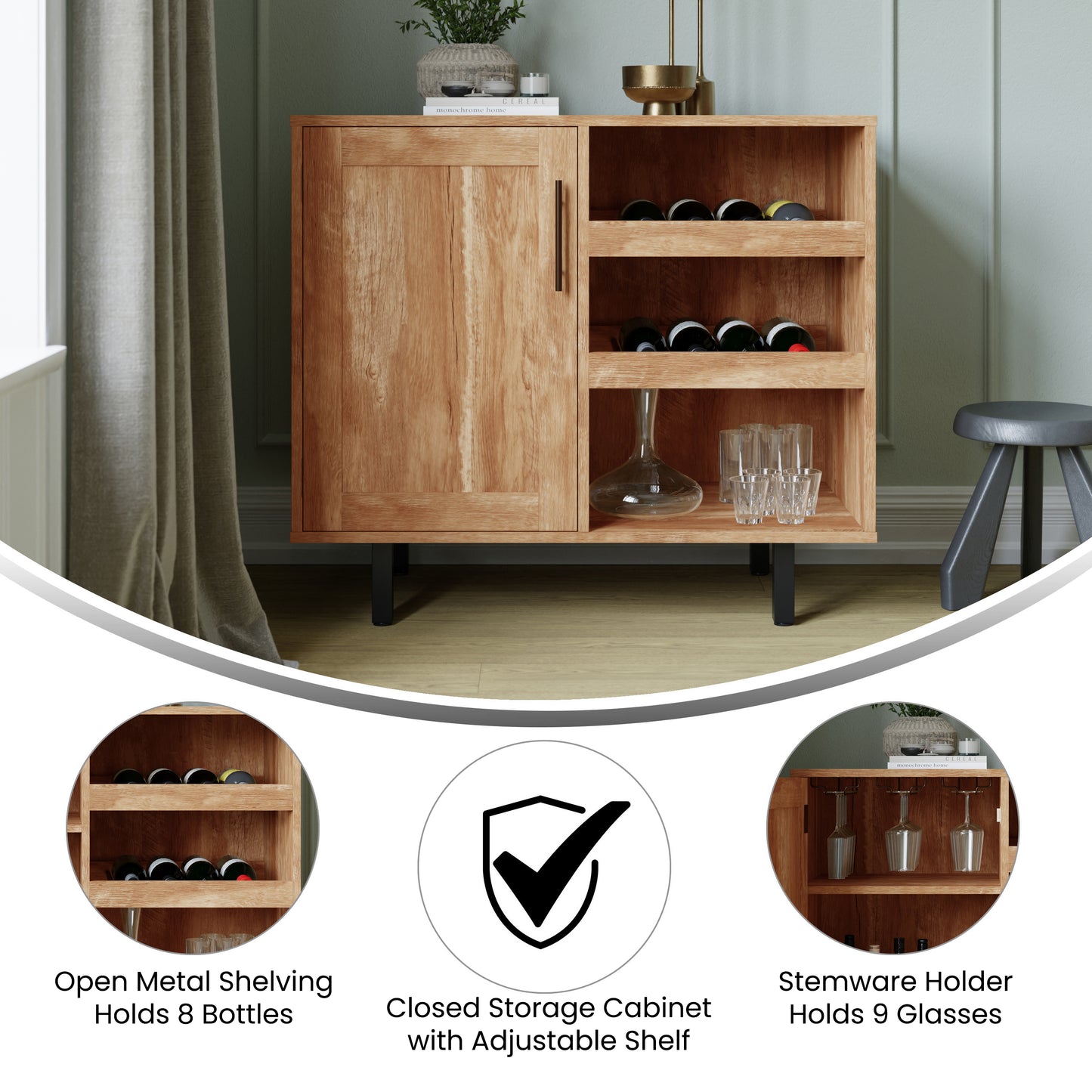 Elmont Classic Bar and Sideboard with Shaker Style Single Door Cabinet with Hanging Glass Storage and Open Bottle Shelves, Light Brown Light Brown