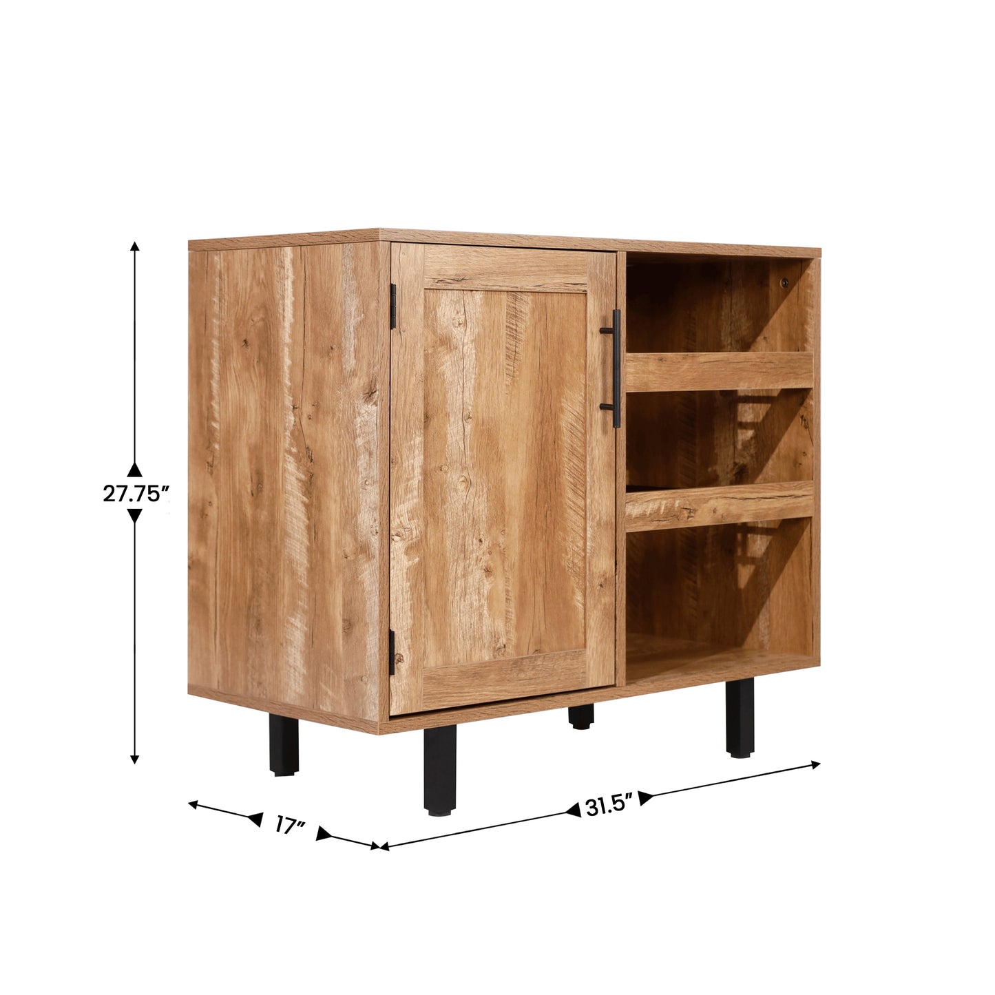 Elmont Classic Bar and Sideboard with Shaker Style Single Door Cabinet with Hanging Glass Storage and Open Bottle Shelves, Light Brown Light Brown