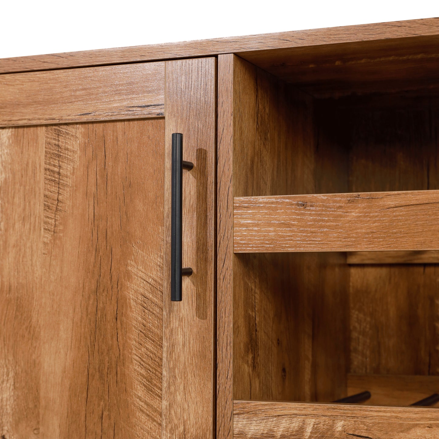 Elmont Classic Bar and Sideboard with Shaker Style Single Door Cabinet with Hanging Glass Storage and Open Bottle Shelves, Light Brown Light Brown