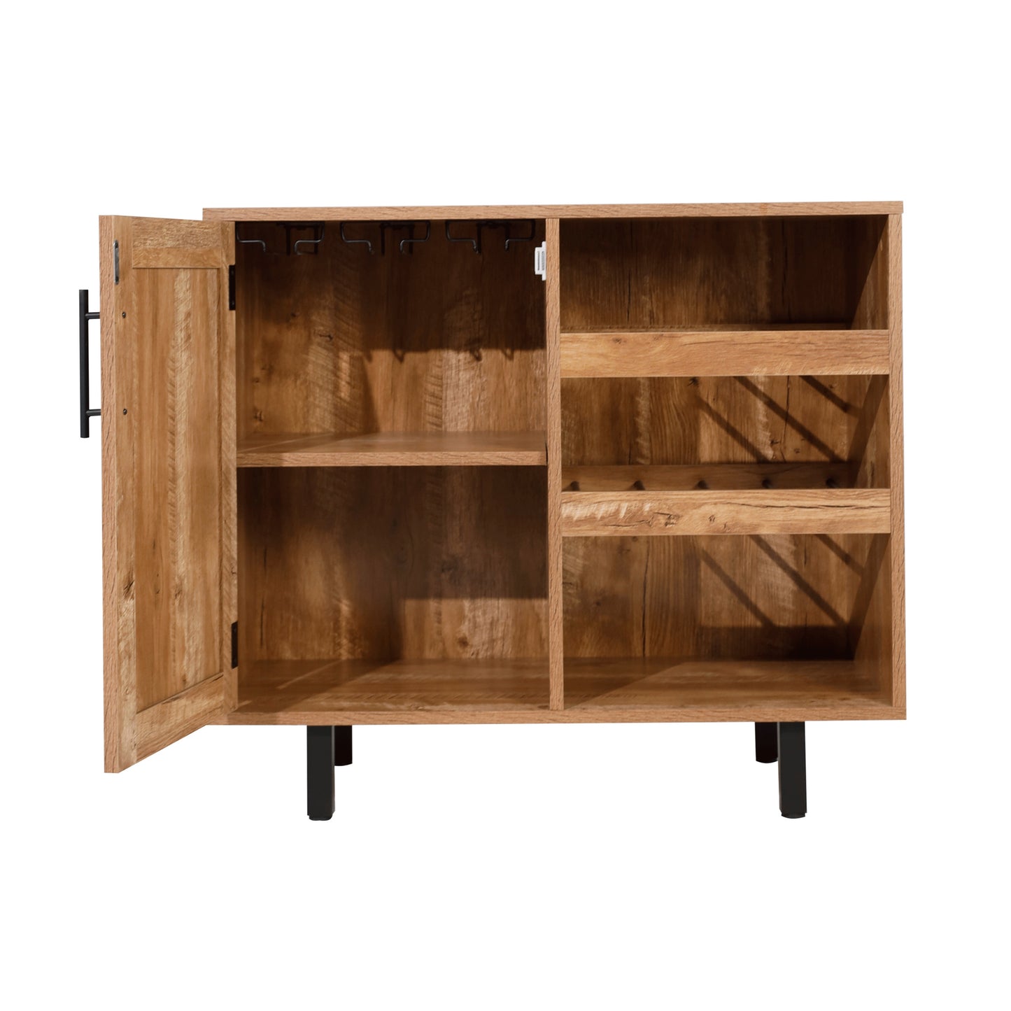 Elmont Classic Bar and Sideboard with Shaker Style Single Door Cabinet with Hanging Glass Storage and Open Bottle Shelves, Light Brown Light Brown