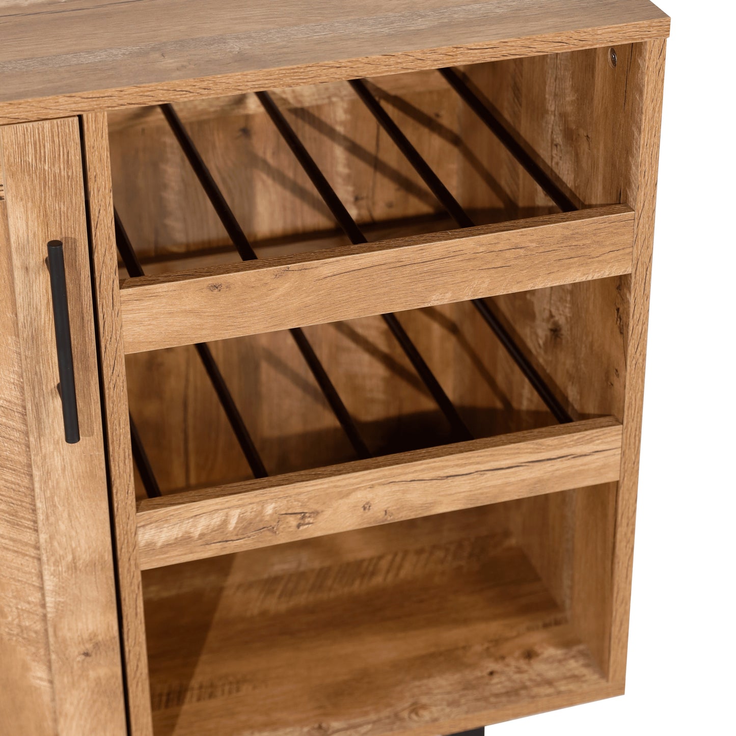 Elmont Classic Bar and Sideboard with Shaker Style Single Door Cabinet with Hanging Glass Storage and Open Bottle Shelves, Light Brown Light Brown