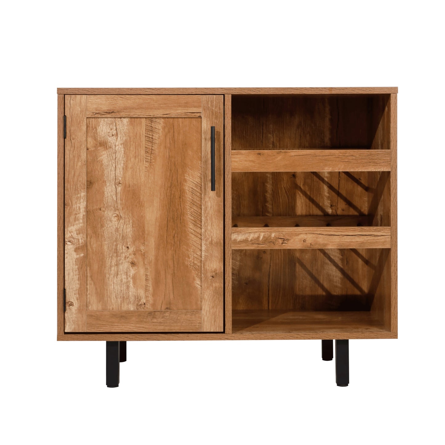 Elmont Classic Bar and Sideboard with Shaker Style Single Door Cabinet with Hanging Glass Storage and Open Bottle Shelves, Light Brown Light Brown