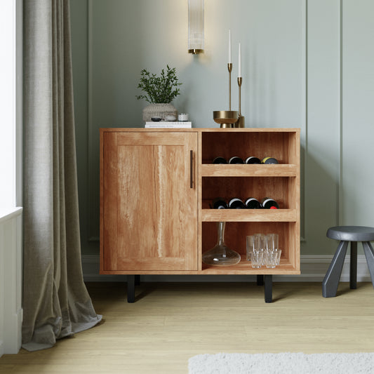Elmont Classic Bar and Sideboard with Shaker Style Single Door Cabinet with Hanging Glass Storage and Open Bottle Shelves, Light Brown Light Brown NAN-F-HY-B23113-LTBRN-GG