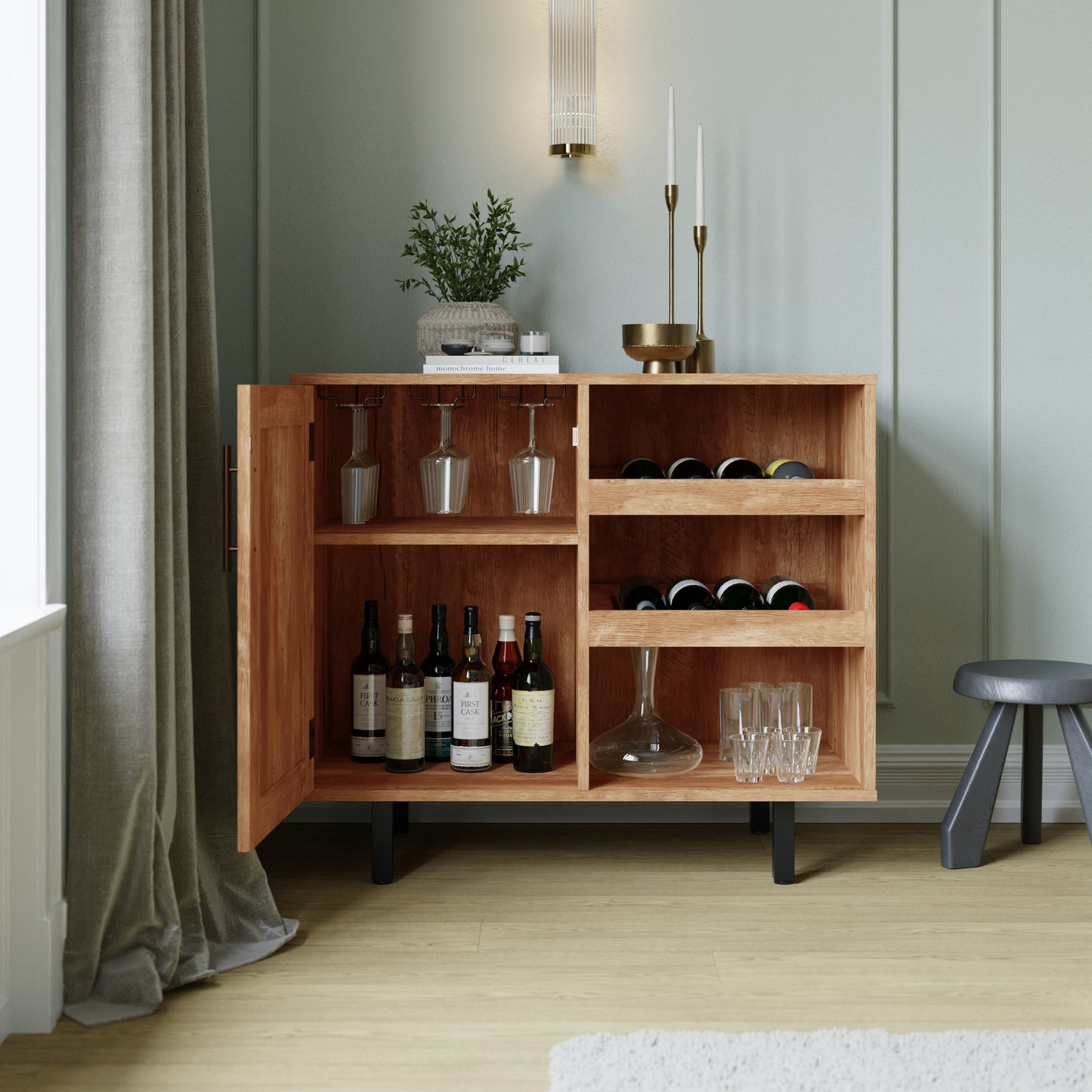 Elmont Classic Bar and Sideboard with Shaker Style Single Door Cabinet with Hanging Glass Storage and Open Bottle Shelves, Light Brown Light Brown