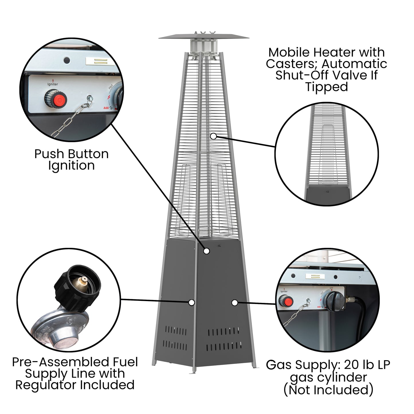Sol Patio Outdoor Heating-Slate Gray Stainless Steel Pyramid 42,000 BTU Propane Heater with Wheels for Commercial & Residential Use Slate Gray