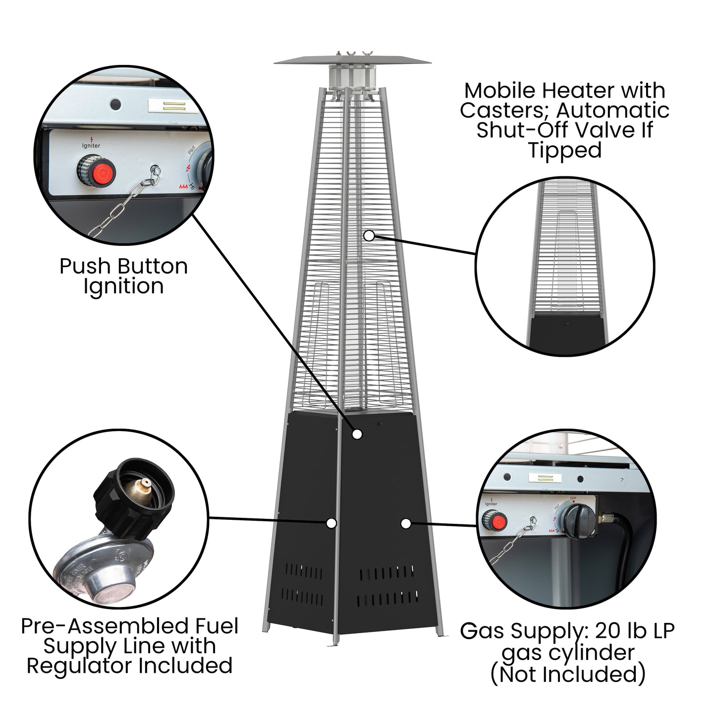 Sol Patio Outdoor Heating-Black Stainless Steel Pyramid 42,000 BTU Propane Heater with Wheels for Commercial & Residential Use Black