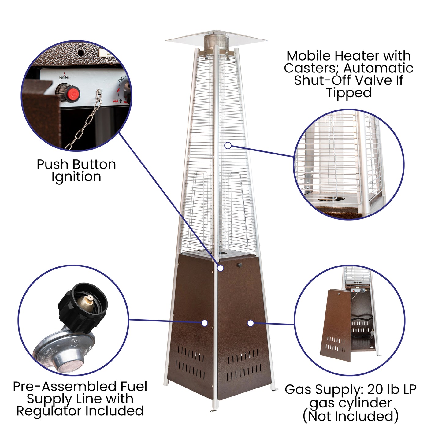 Sol Patio Outdoor Heating-Bronze Stainless Steel Pyramid 42,000 BTU Propane Heater with Wheels for Commercial & Residential Use Bronze