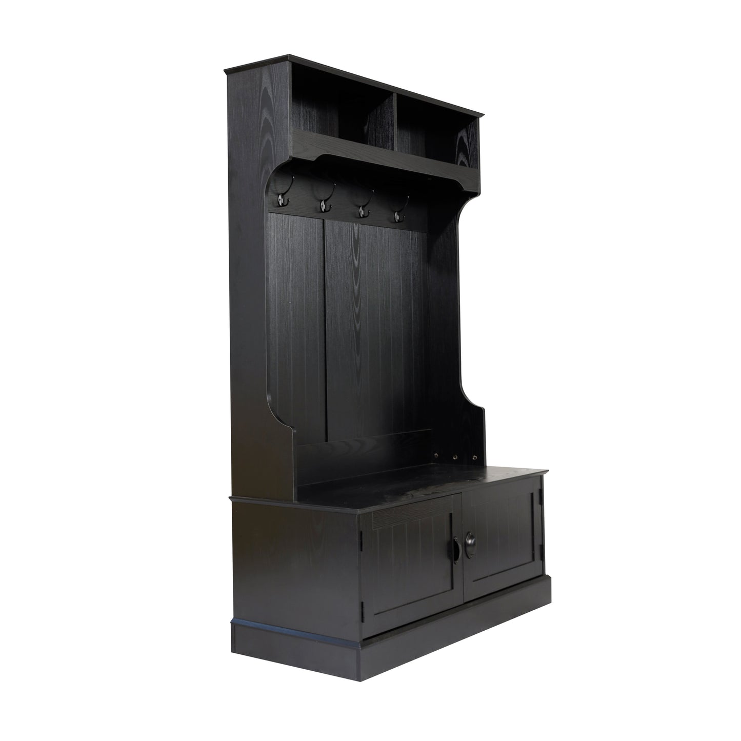 Fraser 40" Wide Hall Tree with Double Door Storage Bench, Coat Rack with 4 Black Double Hooks, and 2 Upper Storage Cubbies in Black Black