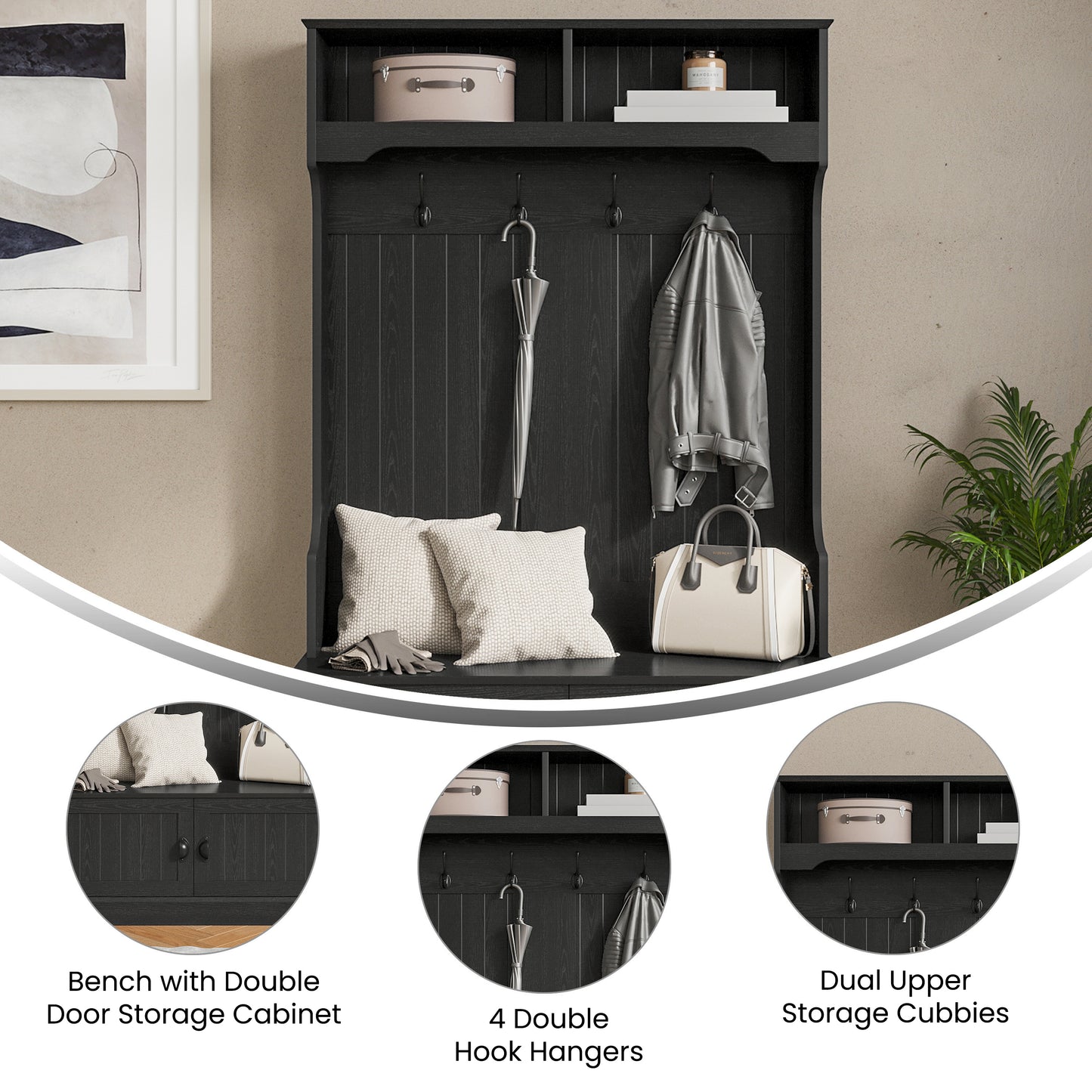 Fraser 40" Wide Hall Tree with Double Door Storage Bench, Coat Rack with 4 Black Double Hooks, and 2 Upper Storage Cubbies in Black Black