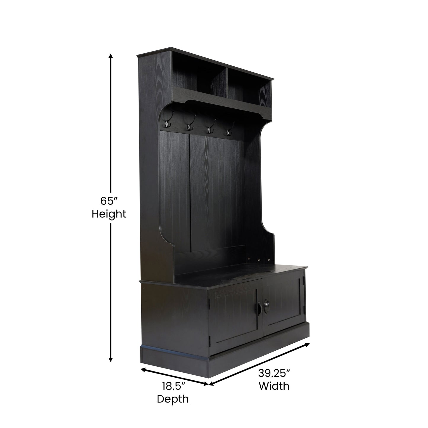 Fraser 40" Wide Hall Tree with Double Door Storage Bench, Coat Rack with 4 Black Double Hooks, and 2 Upper Storage Cubbies in Black Black