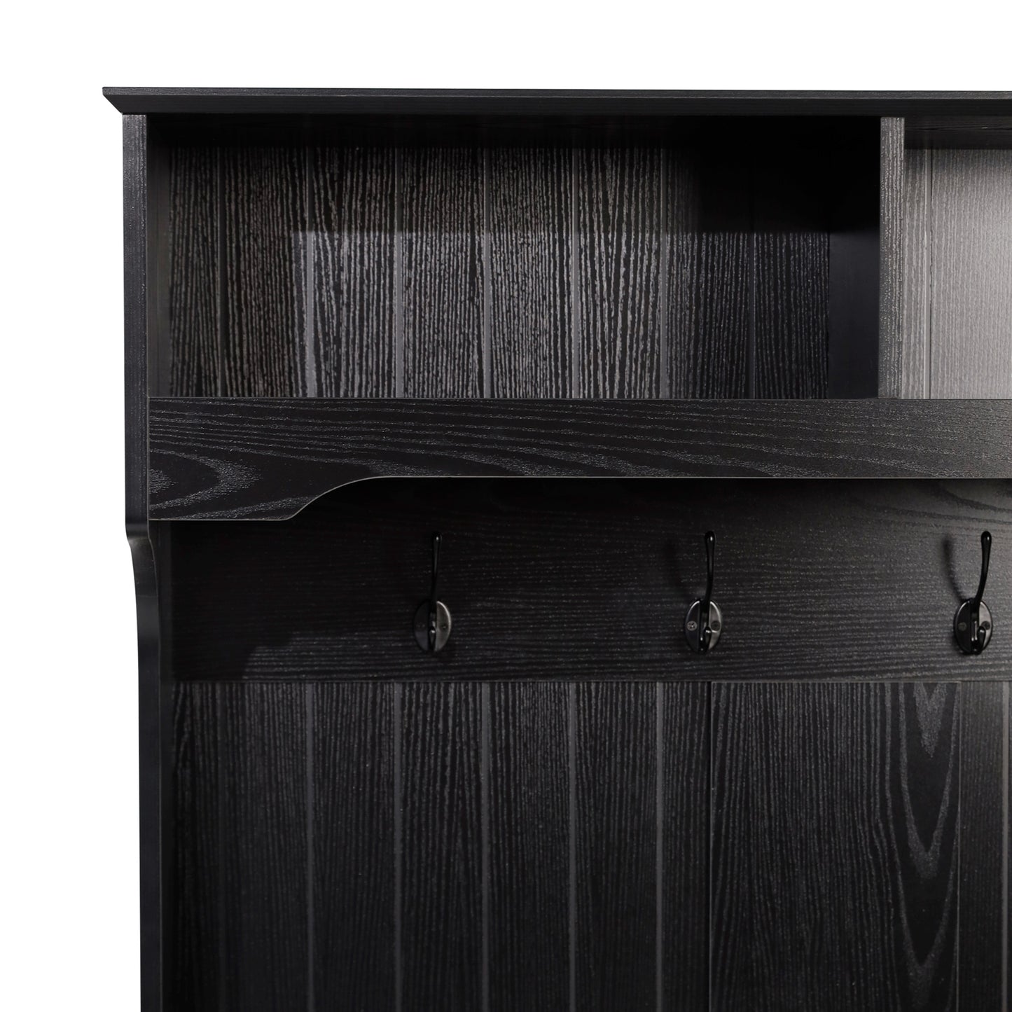 Fraser 40" Wide Hall Tree with Double Door Storage Bench, Coat Rack with 4 Black Double Hooks, and 2 Upper Storage Cubbies in Black Black