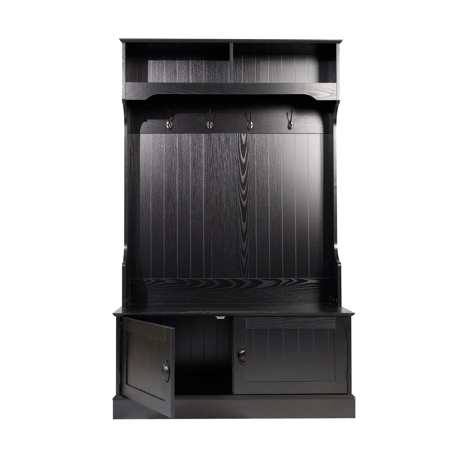 Fraser 40" Wide Hall Tree with Double Door Storage Bench, Coat Rack with 4 Black Double Hooks, and 2 Upper Storage Cubbies in Black Black