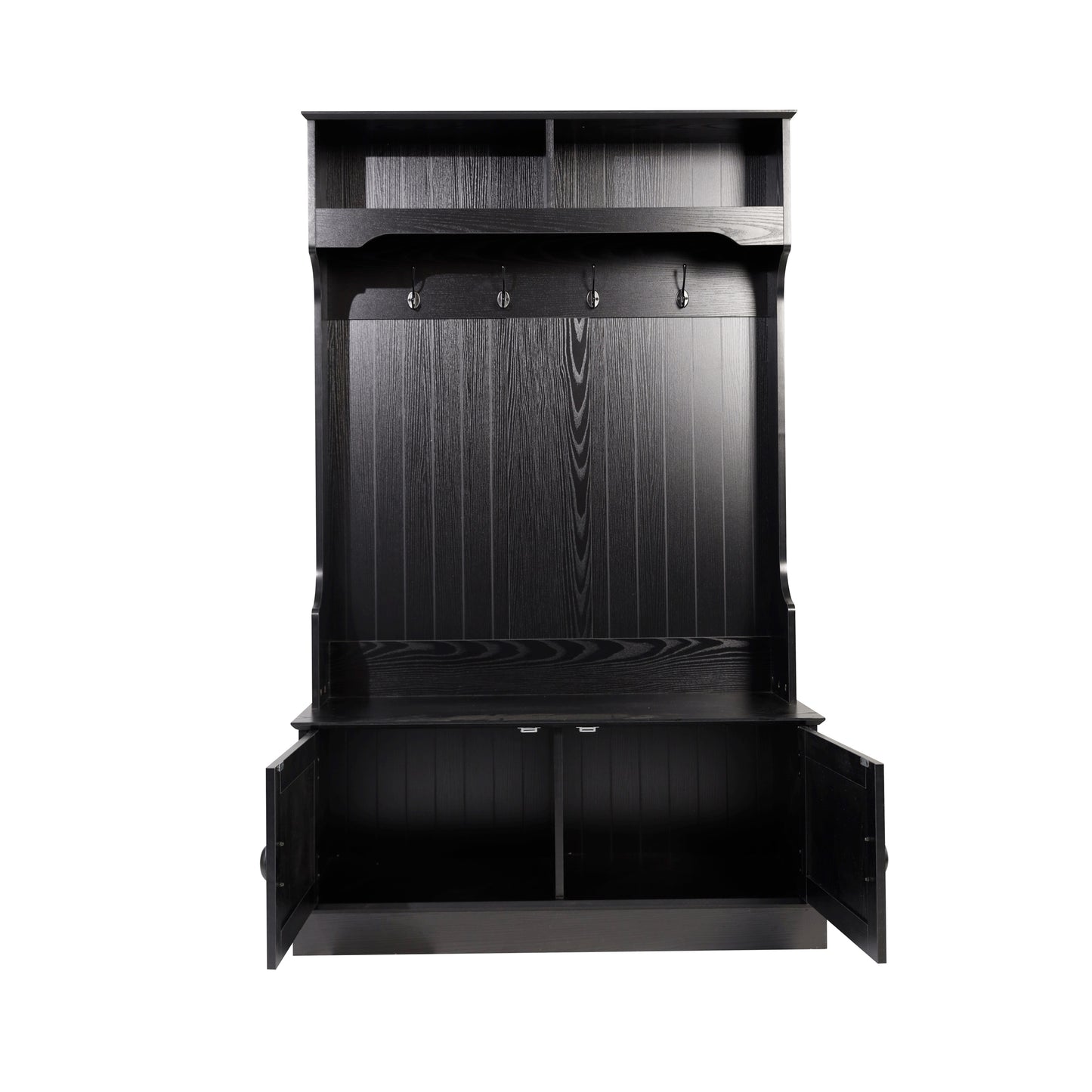 Fraser 40" Wide Hall Tree with Double Door Storage Bench, Coat Rack with 4 Black Double Hooks, and 2 Upper Storage Cubbies in Black Black