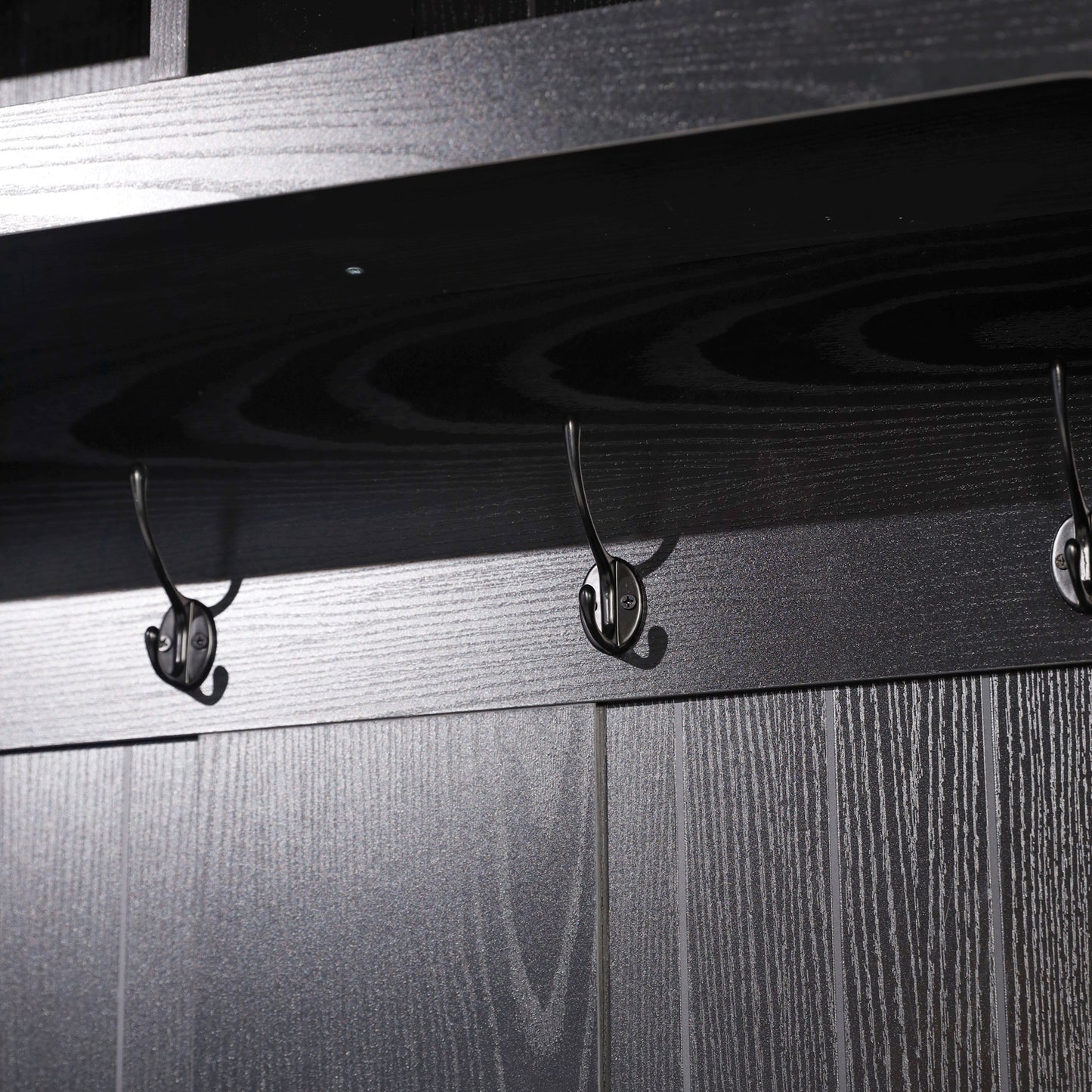 Fraser 40" Wide Hall Tree with Double Door Storage Bench, Coat Rack with 4 Black Double Hooks, and 2 Upper Storage Cubbies in Black Black