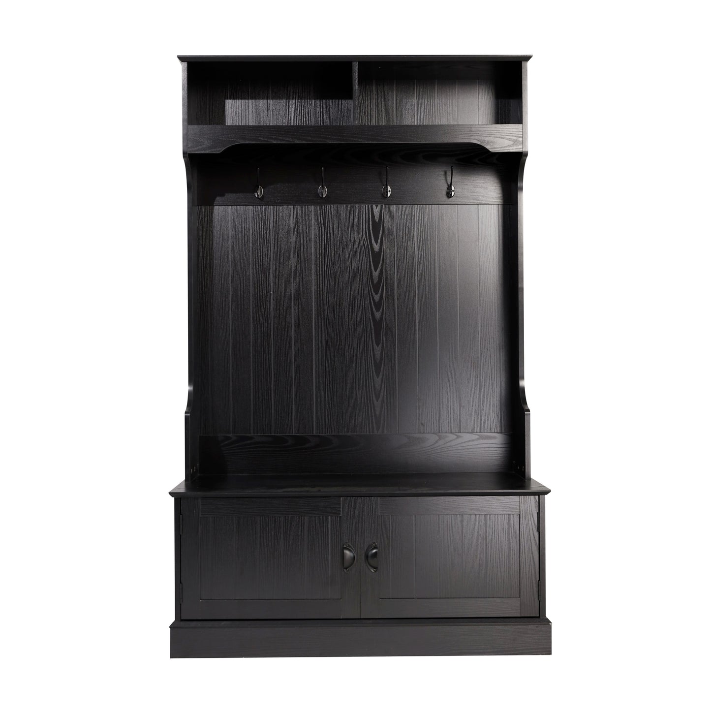 Fraser 40" Wide Hall Tree with Double Door Storage Bench, Coat Rack with 4 Black Double Hooks, and 2 Upper Storage Cubbies in Black Black