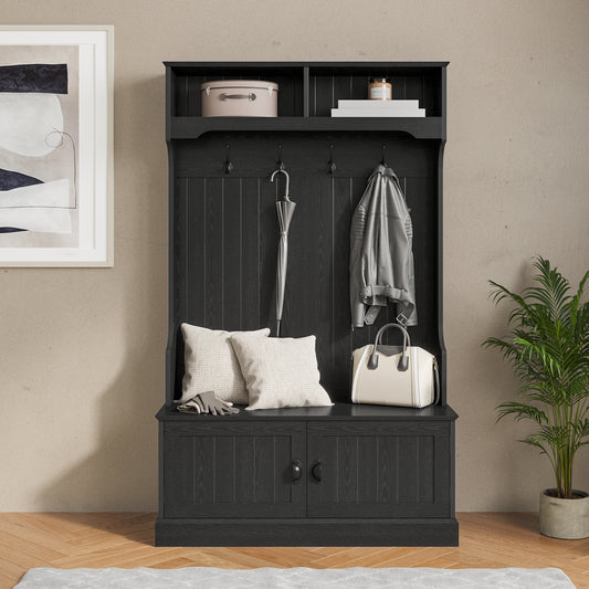 Fraser 40" Wide Hall Tree with Double Door Storage Bench, Coat Rack with 4 Black Double Hooks, and 2 Upper Storage Cubbies in Black Black