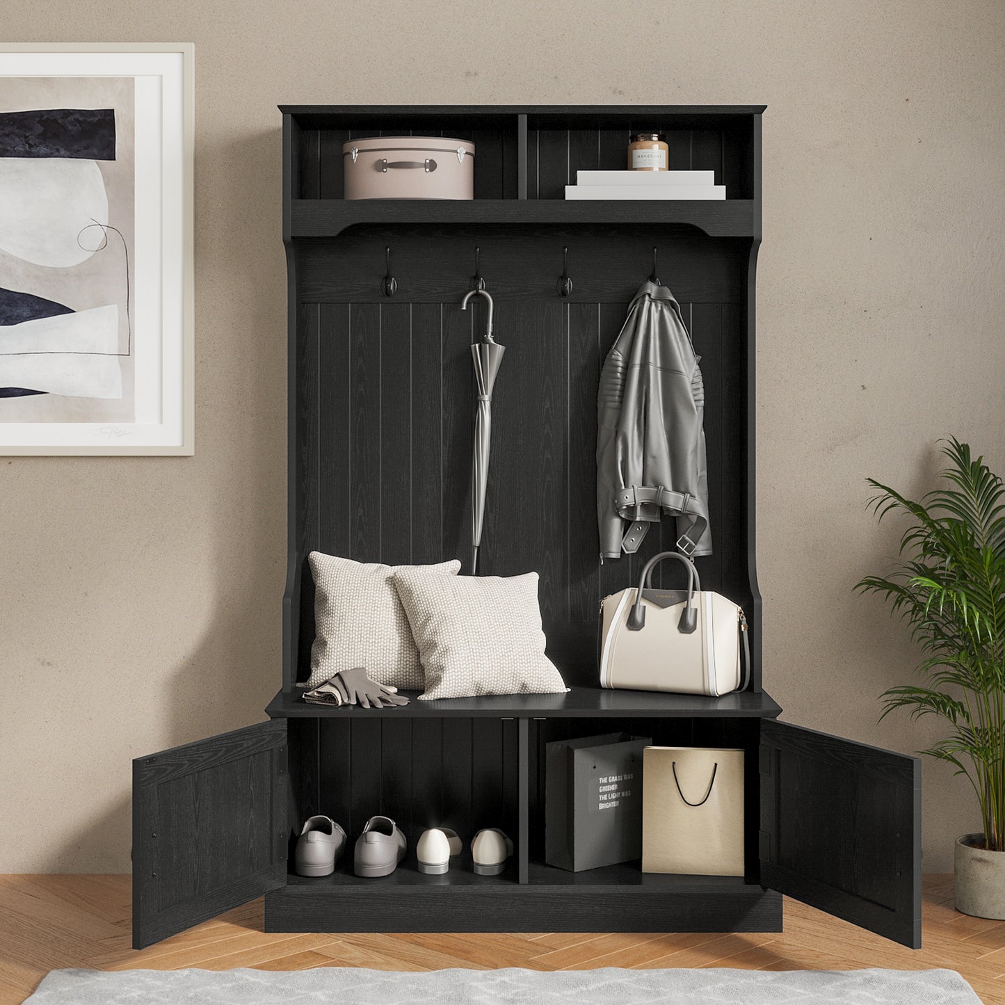 Fraser 40" Wide Hall Tree with Double Door Storage Bench, Coat Rack with 4 Black Double Hooks, and 2 Upper Storage Cubbies in Black Black