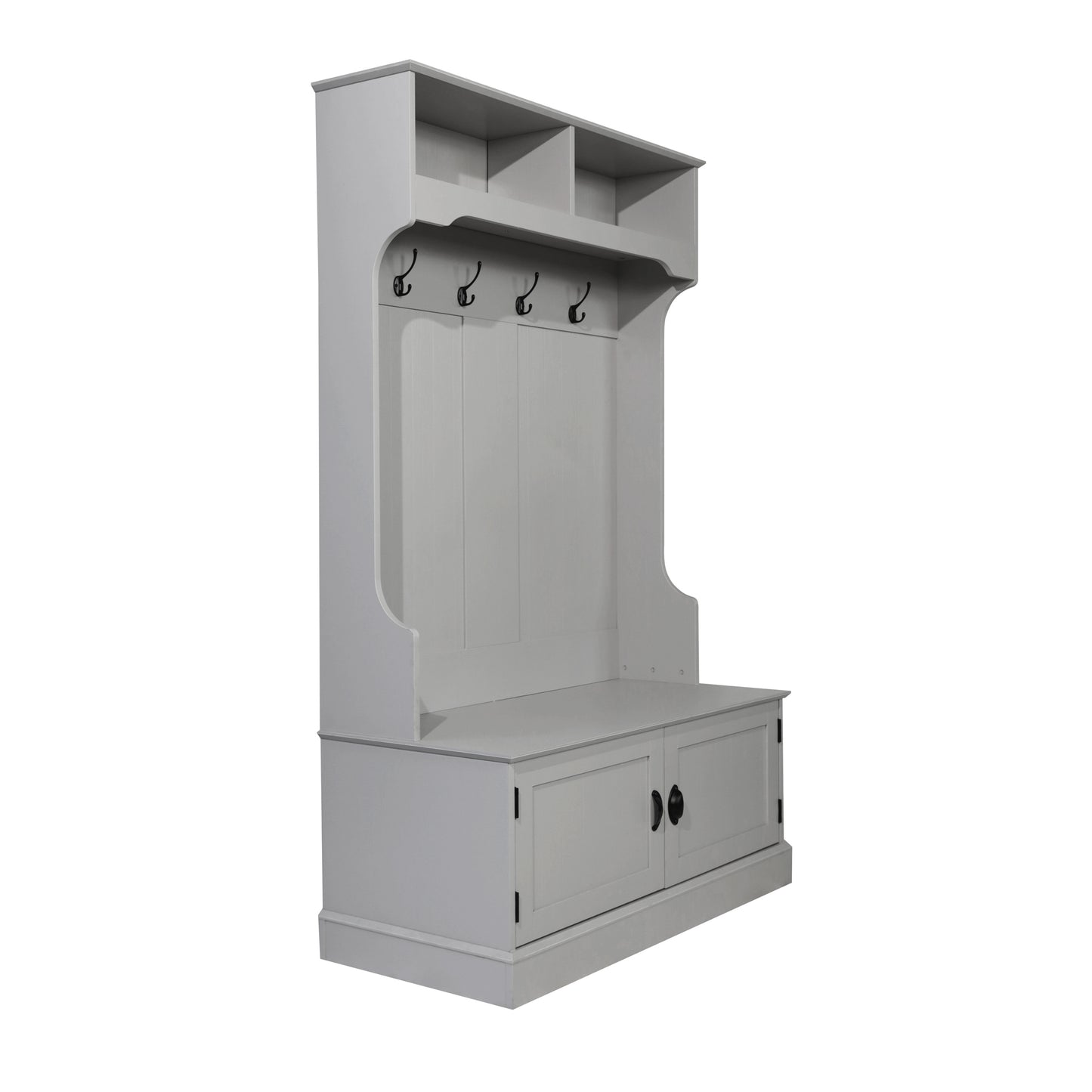 Fraser 40" Wide Hall Tree with Double Door Storage Bench, Coat Rack with 4 Black Double Hooks, and 2 Upper Storage Cubbies in Gray Gray