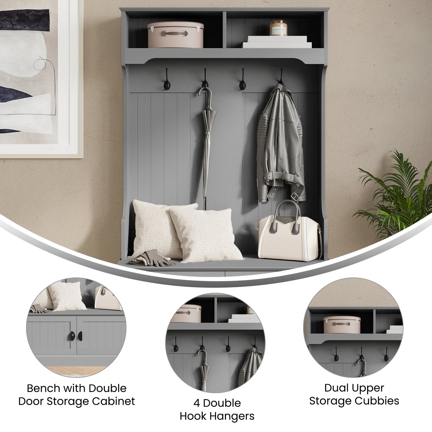 Fraser 40" Wide Hall Tree with Double Door Storage Bench, Coat Rack with 4 Black Double Hooks, and 2 Upper Storage Cubbies in Gray Gray