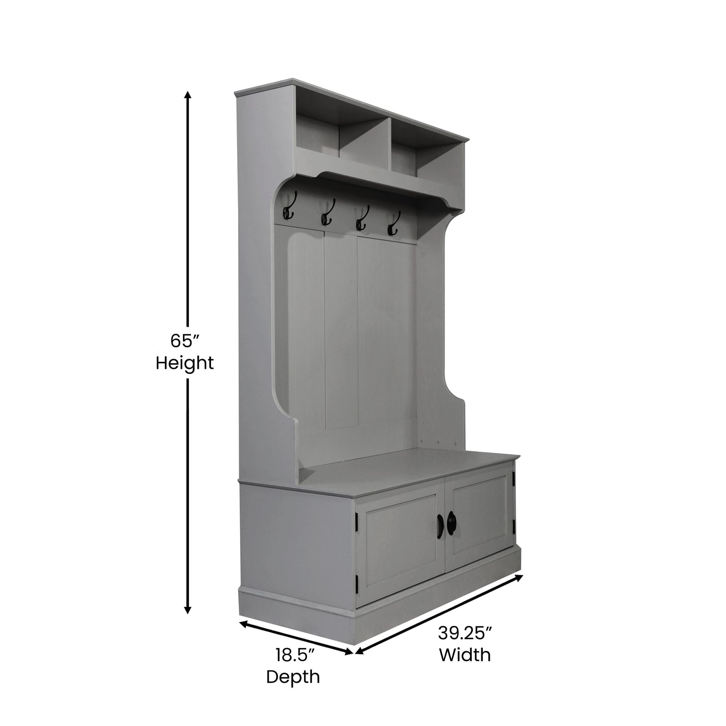 Fraser 40" Wide Hall Tree with Double Door Storage Bench, Coat Rack with 4 Black Double Hooks, and 2 Upper Storage Cubbies in Gray Gray