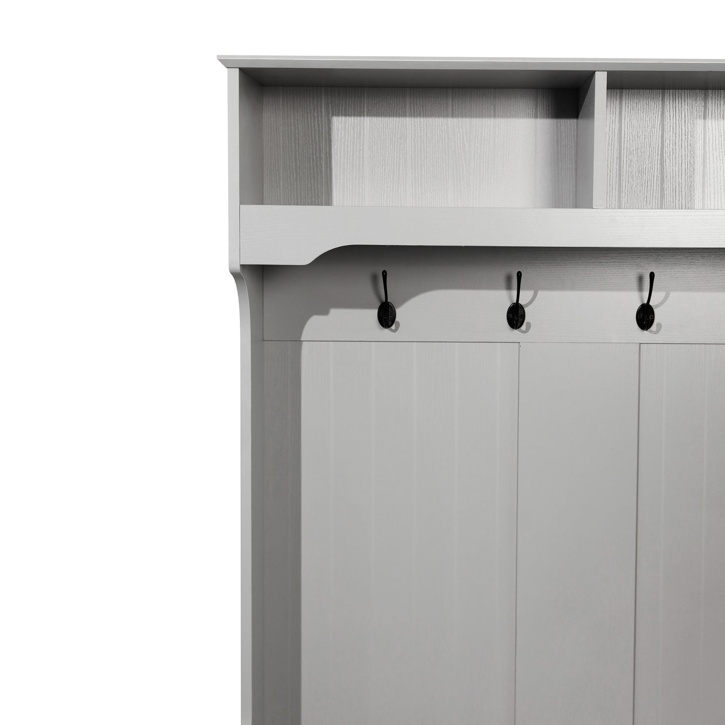 Fraser 40" Wide Hall Tree with Double Door Storage Bench, Coat Rack with 4 Black Double Hooks, and 2 Upper Storage Cubbies in Gray Gray