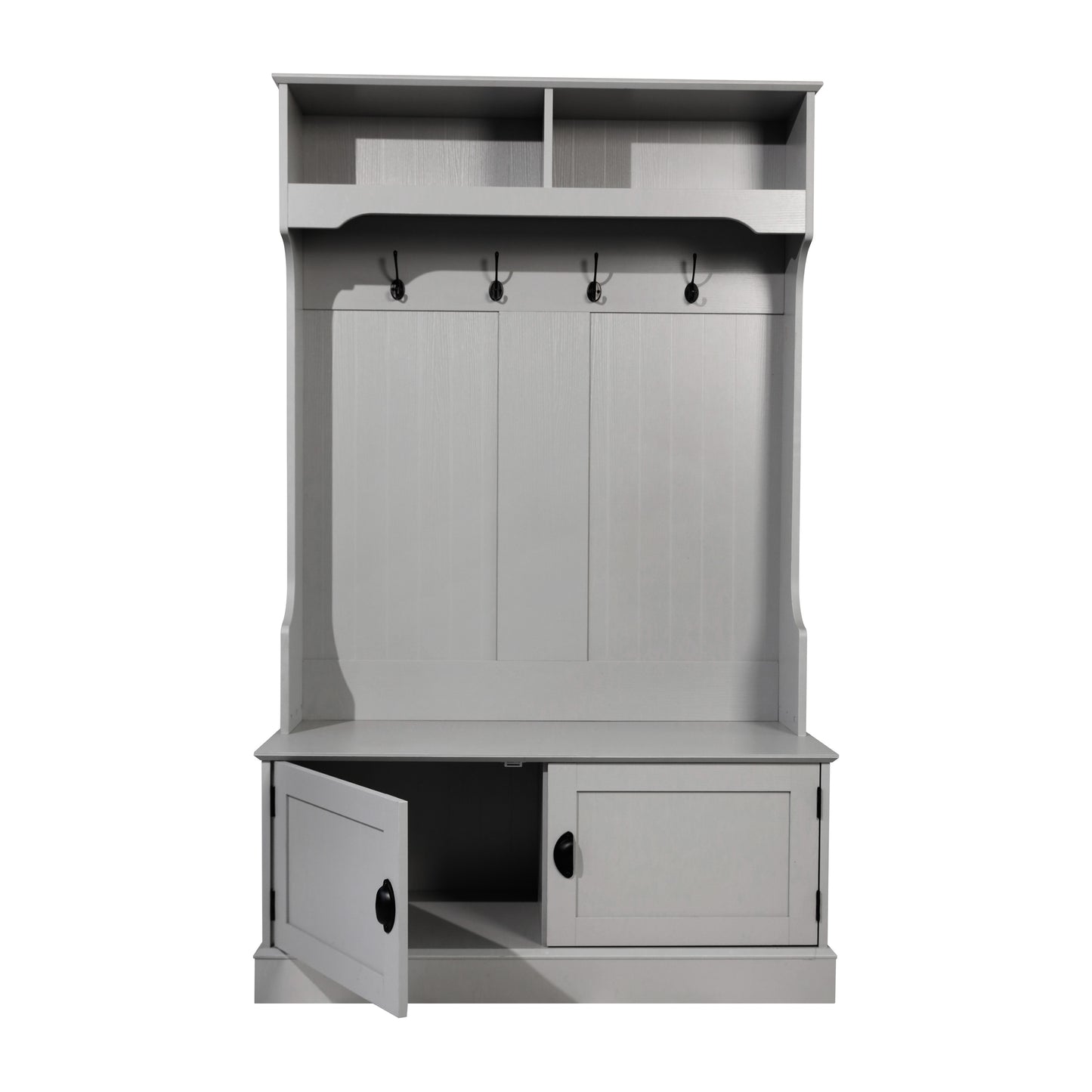 Fraser 40" Wide Hall Tree with Double Door Storage Bench, Coat Rack with 4 Black Double Hooks, and 2 Upper Storage Cubbies in Gray Gray