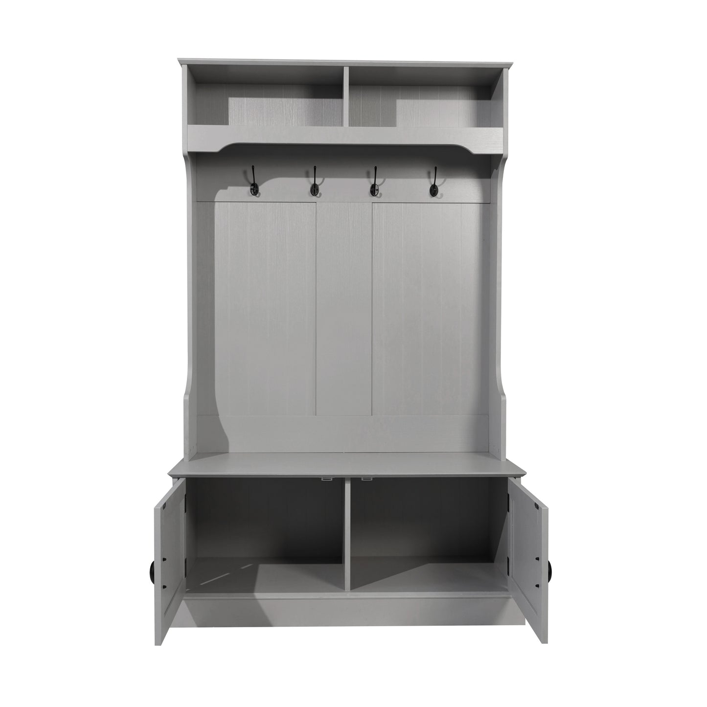 Fraser 40" Wide Hall Tree with Double Door Storage Bench, Coat Rack with 4 Black Double Hooks, and 2 Upper Storage Cubbies in Gray Gray