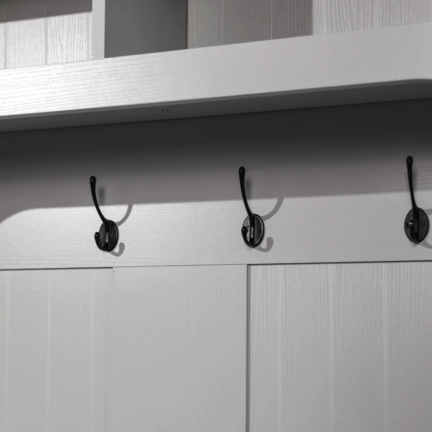 Fraser 40" Wide Hall Tree with Double Door Storage Bench, Coat Rack with 4 Black Double Hooks, and 2 Upper Storage Cubbies in Gray Gray
