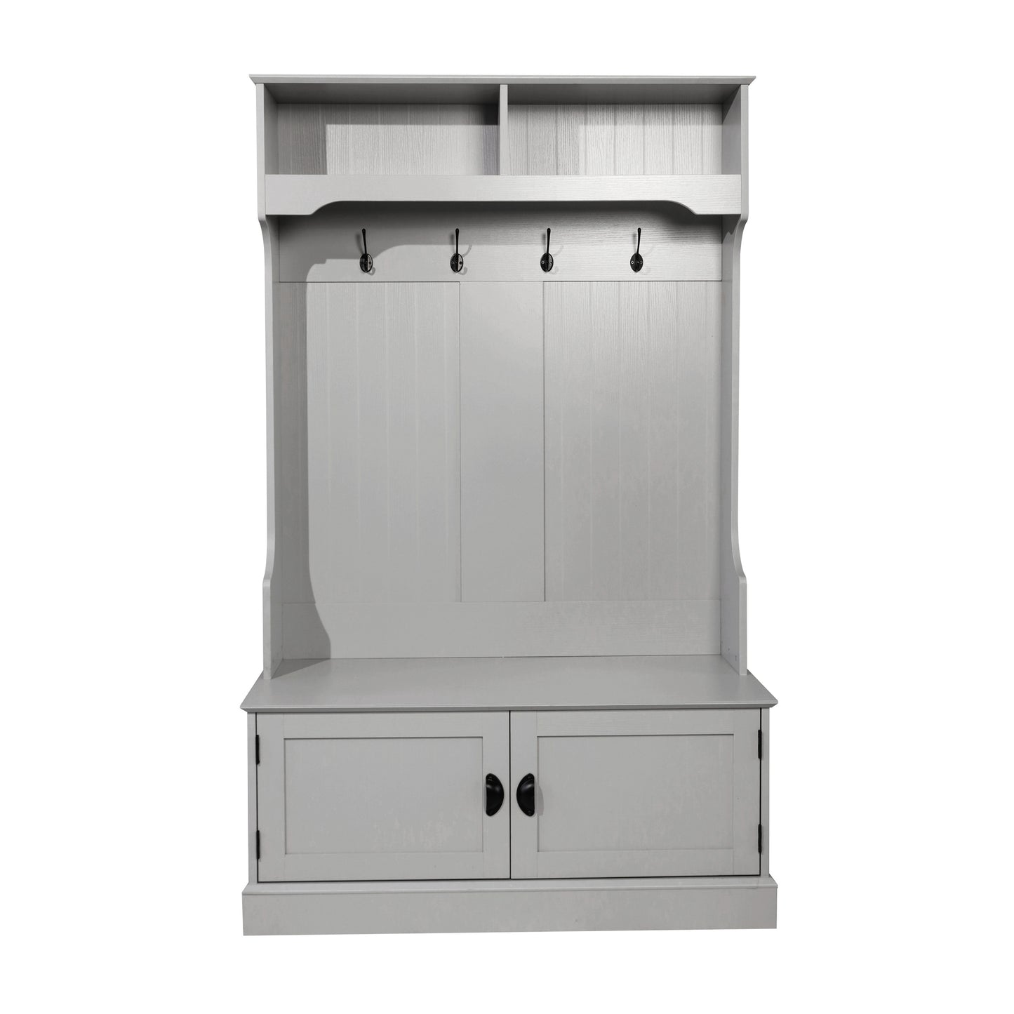 Fraser 40" Wide Hall Tree with Double Door Storage Bench, Coat Rack with 4 Black Double Hooks, and 2 Upper Storage Cubbies in Gray Gray