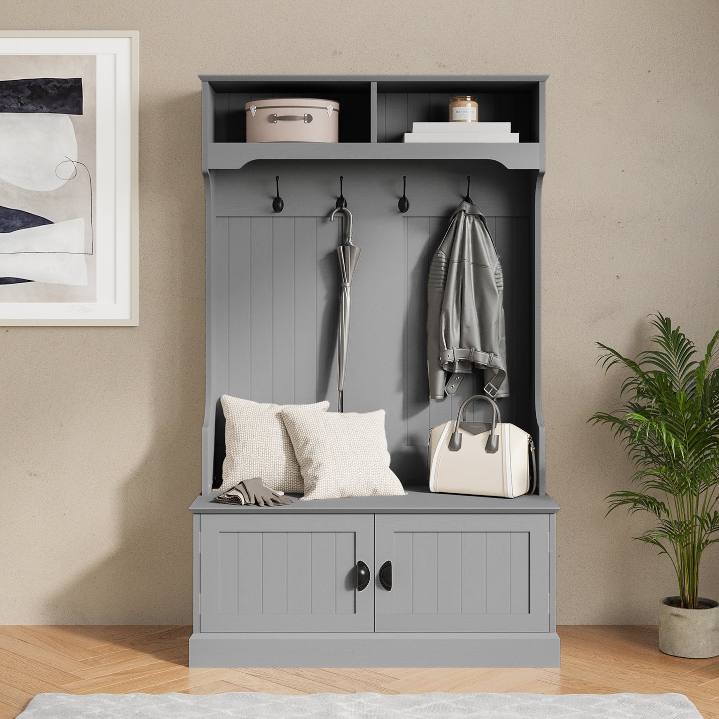 Fraser 40" Wide Hall Tree with Double Door Storage Bench, Coat Rack with 4 Black Double Hooks, and 2 Upper Storage Cubbies in Gray Gray