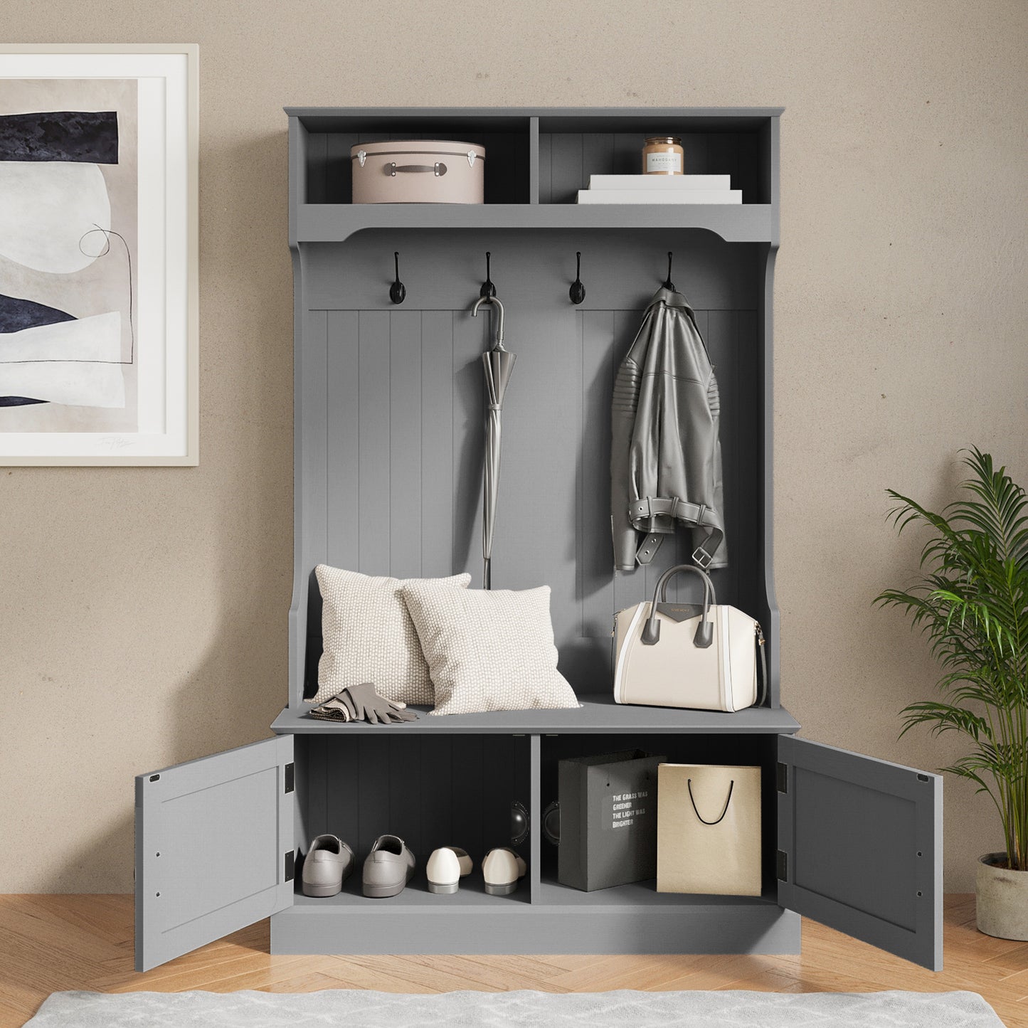 Fraser 40" Wide Hall Tree with Double Door Storage Bench, Coat Rack with 4 Black Double Hooks, and 2 Upper Storage Cubbies in Gray Gray