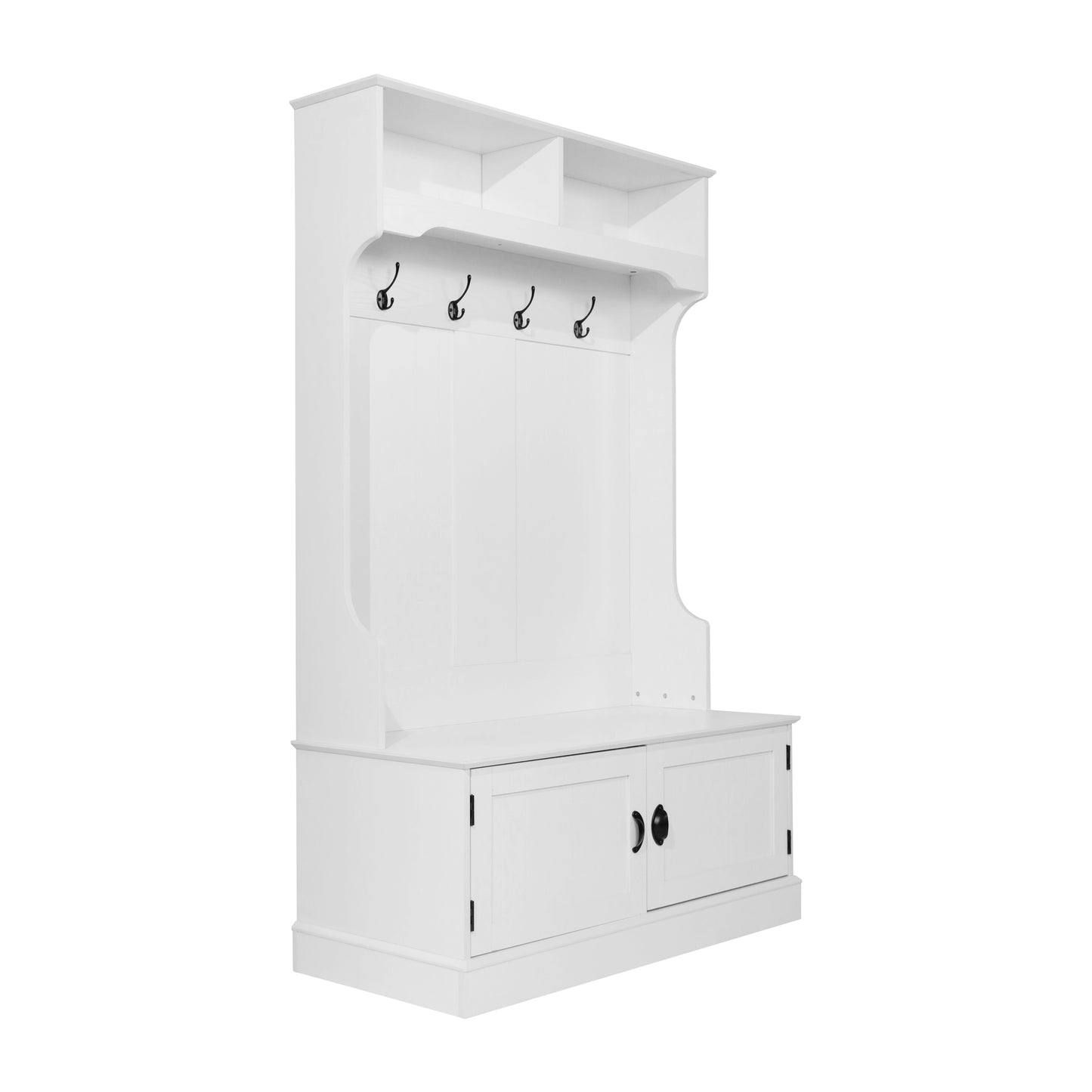 Fraser 40" Wide Hall Tree with Double Door Storage Bench, Coat Rack with 4 Black Double Hooks, and 2 Upper Storage Cubbies in White White