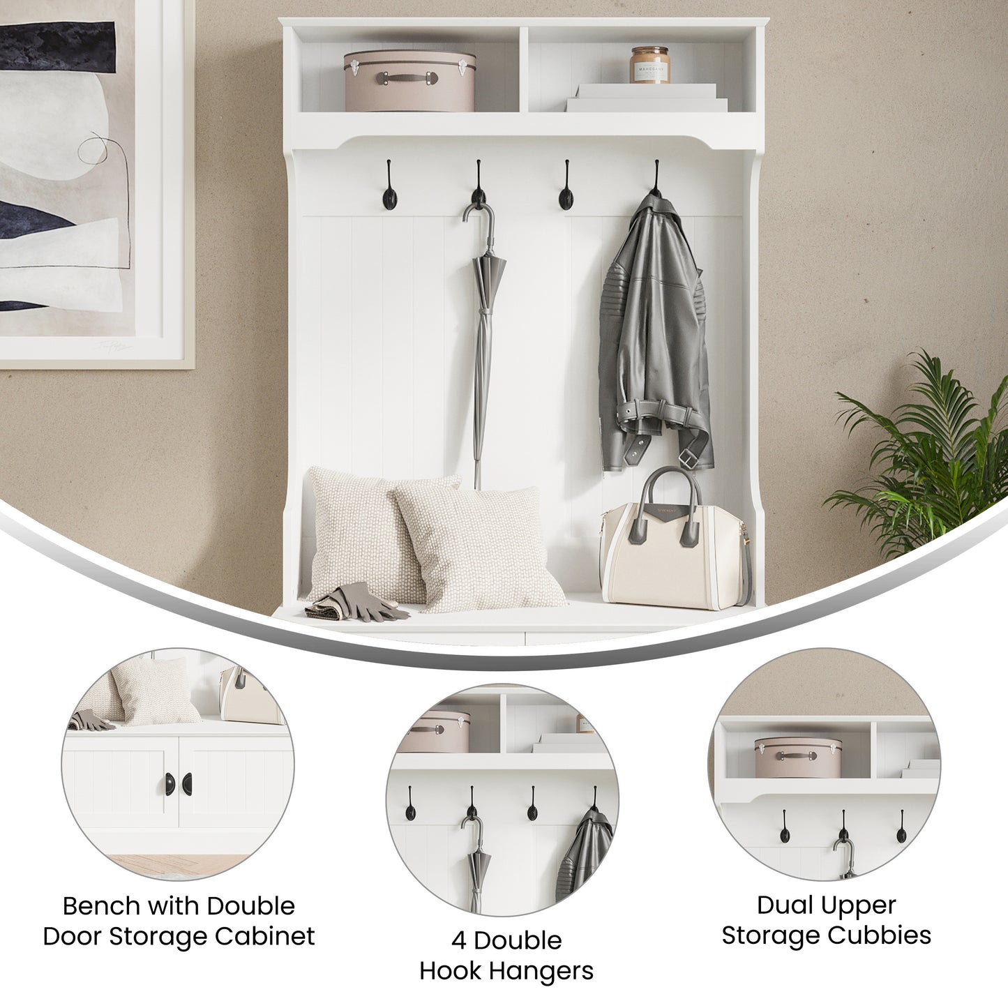 Fraser 40" Wide Hall Tree with Double Door Storage Bench, Coat Rack with 4 Black Double Hooks, and 2 Upper Storage Cubbies in White White