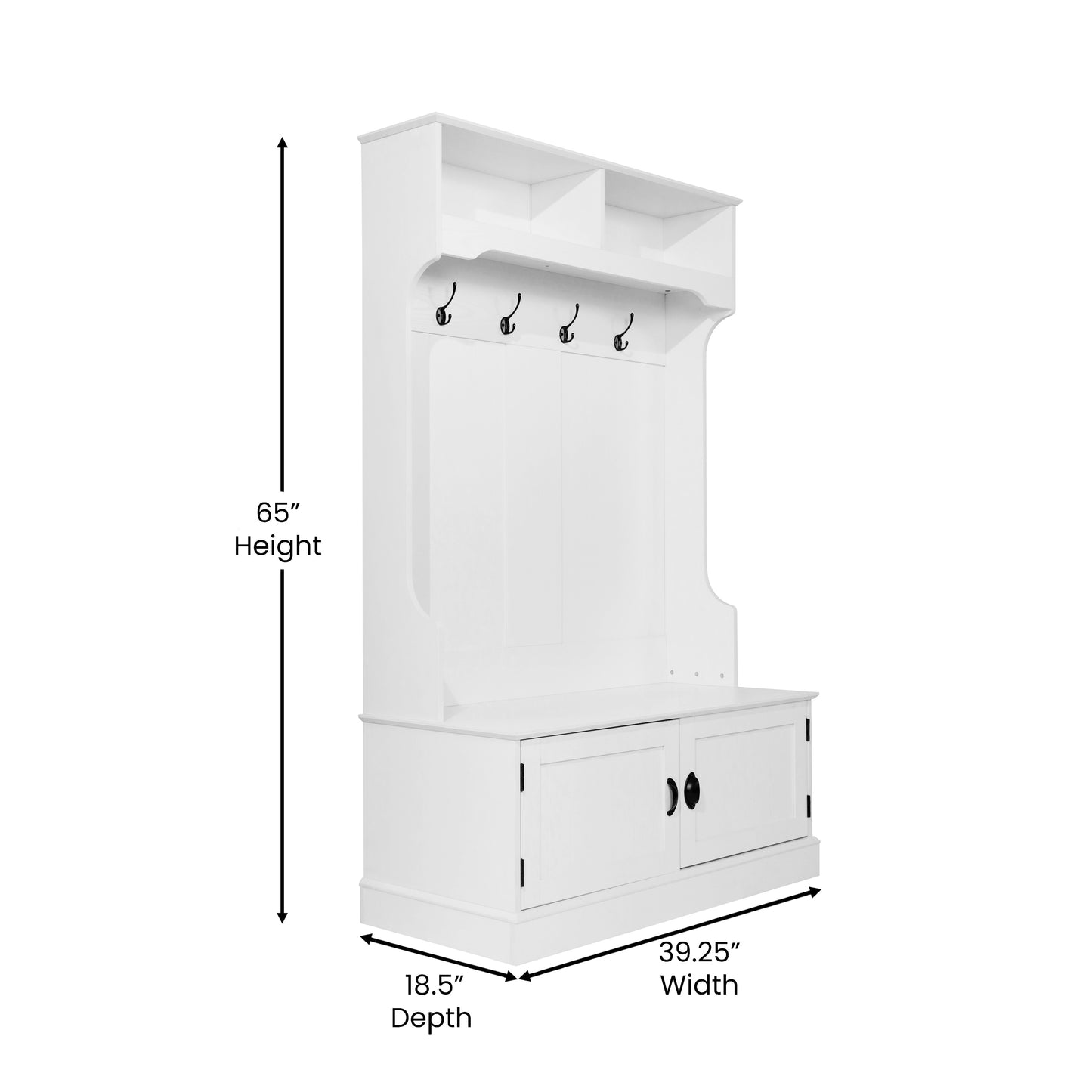 Fraser 40" Wide Hall Tree with Double Door Storage Bench, Coat Rack with 4 Black Double Hooks, and 2 Upper Storage Cubbies in White White