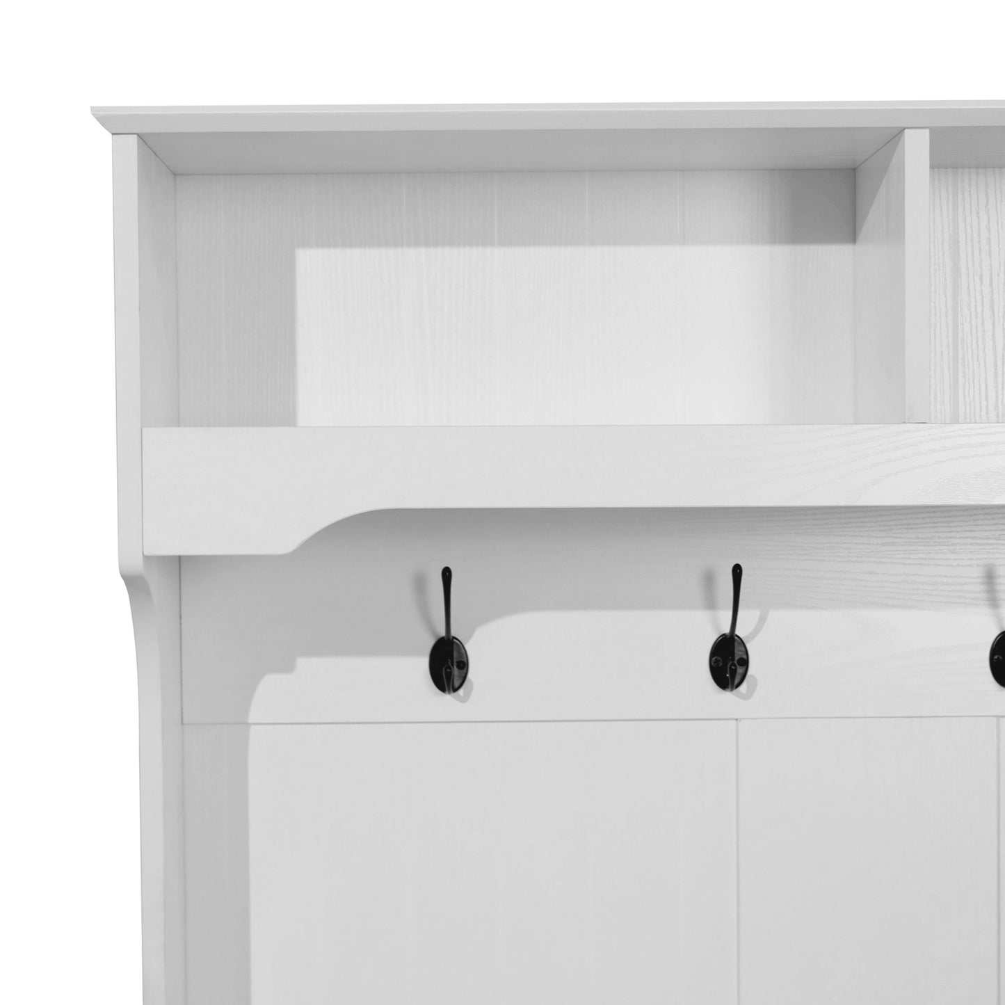 Fraser 40" Wide Hall Tree with Double Door Storage Bench, Coat Rack with 4 Black Double Hooks, and 2 Upper Storage Cubbies in White White