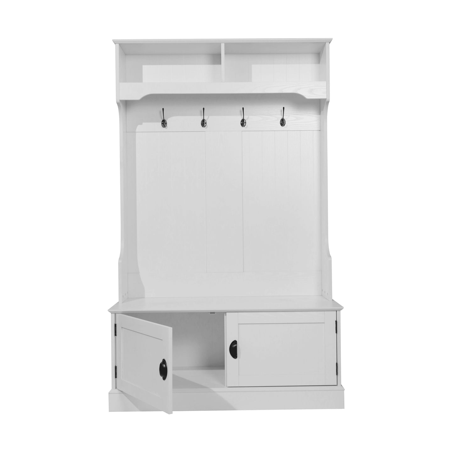 Fraser 40" Wide Hall Tree with Double Door Storage Bench, Coat Rack with 4 Black Double Hooks, and 2 Upper Storage Cubbies in White White