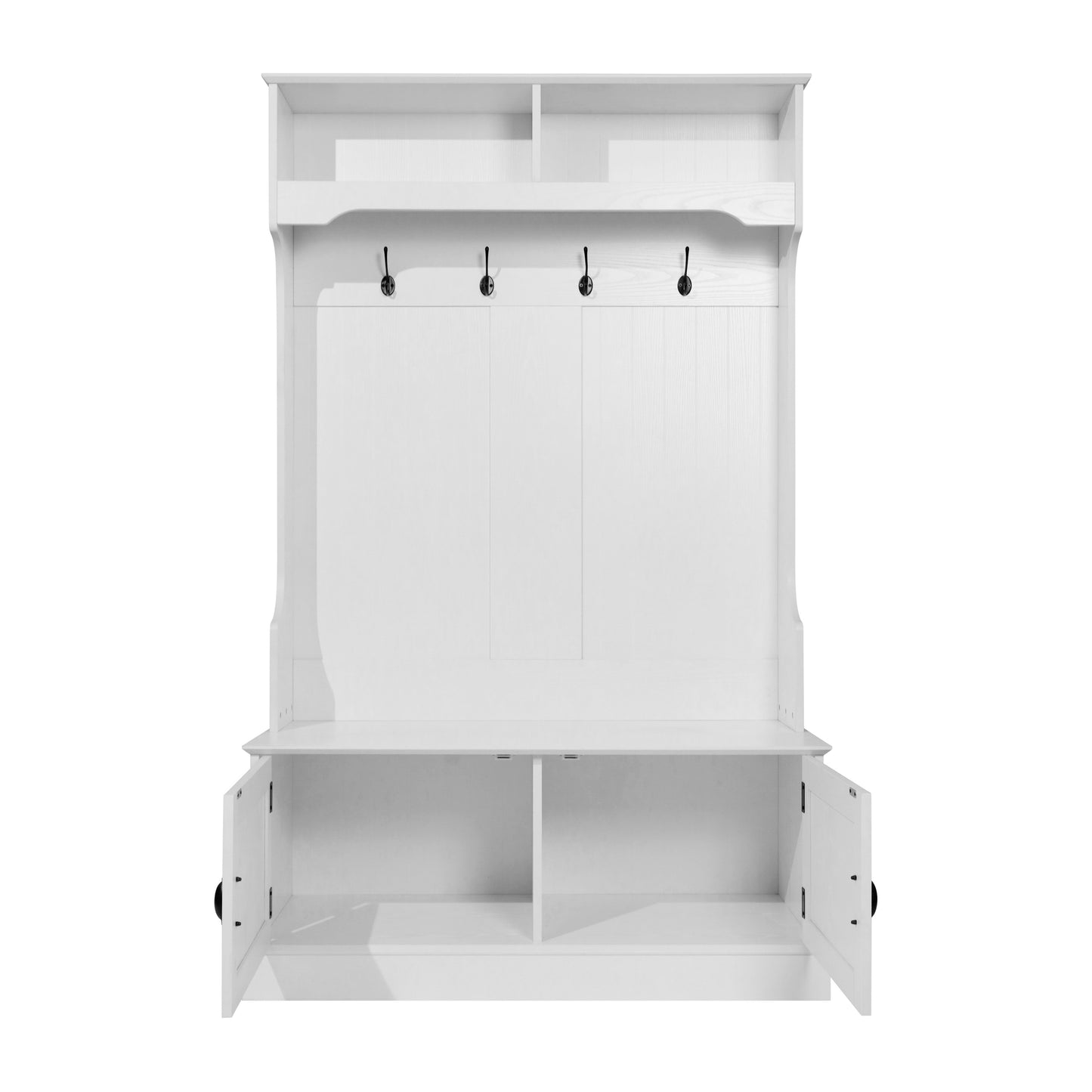 Fraser 40" Wide Hall Tree with Double Door Storage Bench, Coat Rack with 4 Black Double Hooks, and 2 Upper Storage Cubbies in White White