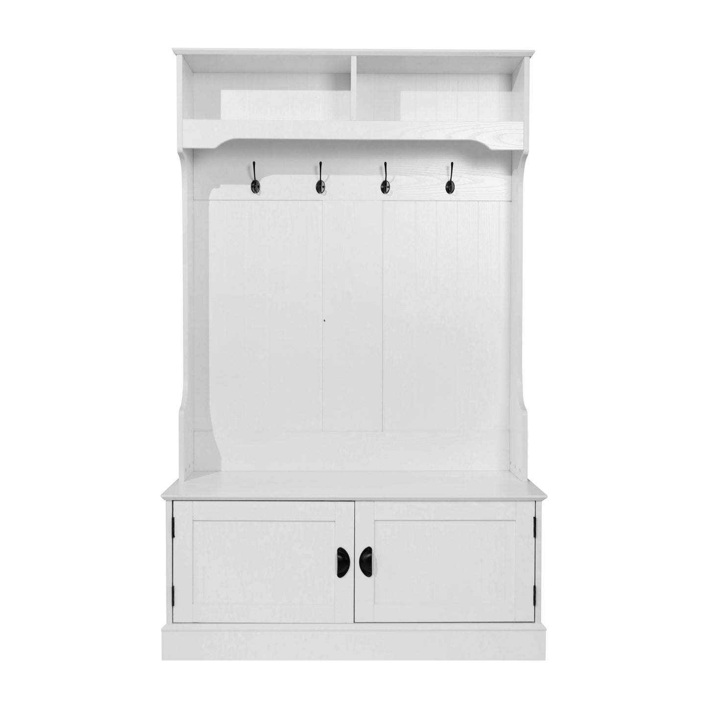 Fraser 40" Wide Hall Tree with Double Door Storage Bench, Coat Rack with 4 Black Double Hooks, and 2 Upper Storage Cubbies in White White