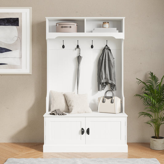Fraser 40" Wide Hall Tree with Double Door Storage Bench, Coat Rack with 4 Black Double Hooks, and 2 Upper Storage Cubbies in White White