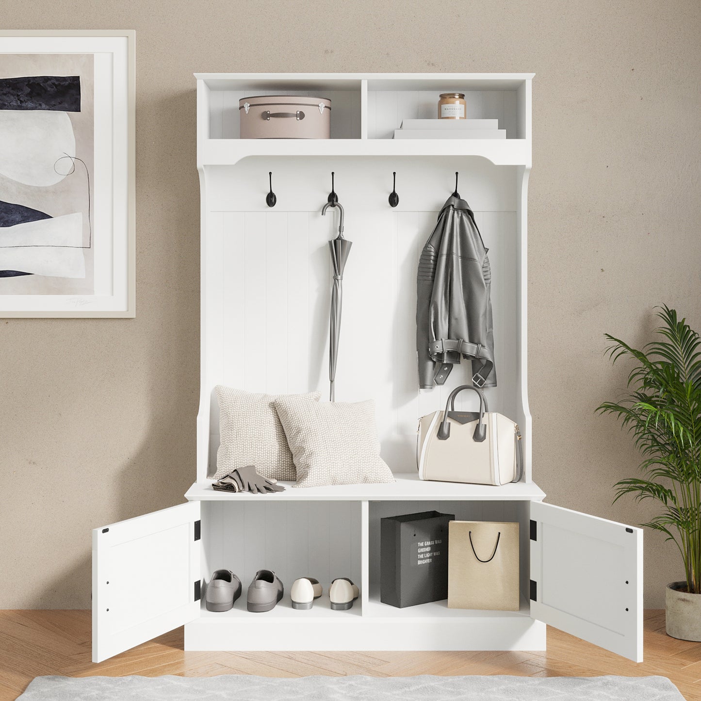 Fraser 40" Wide Hall Tree with Double Door Storage Bench, Coat Rack with 4 Black Double Hooks, and 2 Upper Storage Cubbies in White White