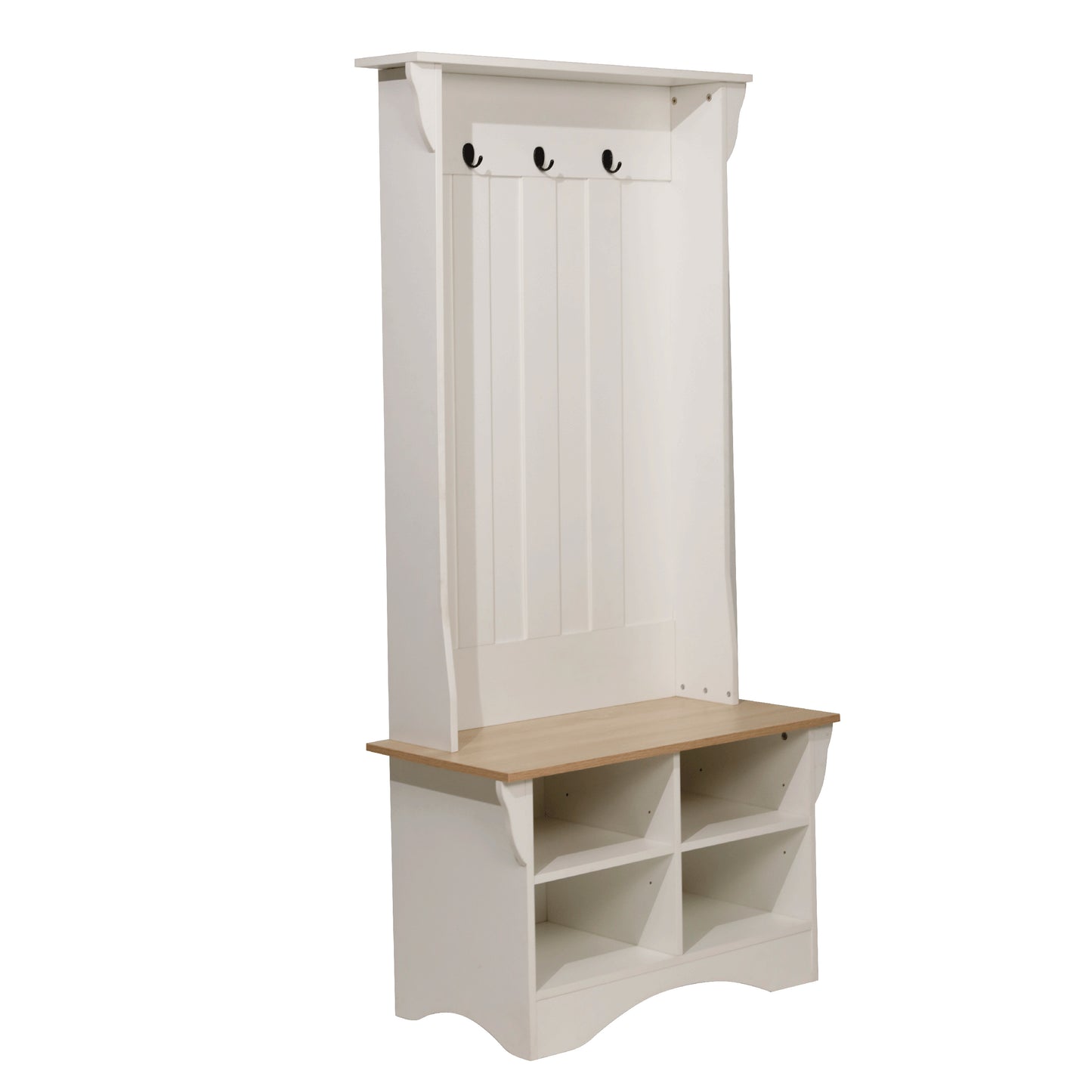 Paisley 31.5" Wide Hall Tree with Bench, 3 Single Storage Hooks, and 4 Lower Storage Cubbies with Adjustable Shelves in White with Weathered Seat Weathered Natural Seat/Warm White Frame
