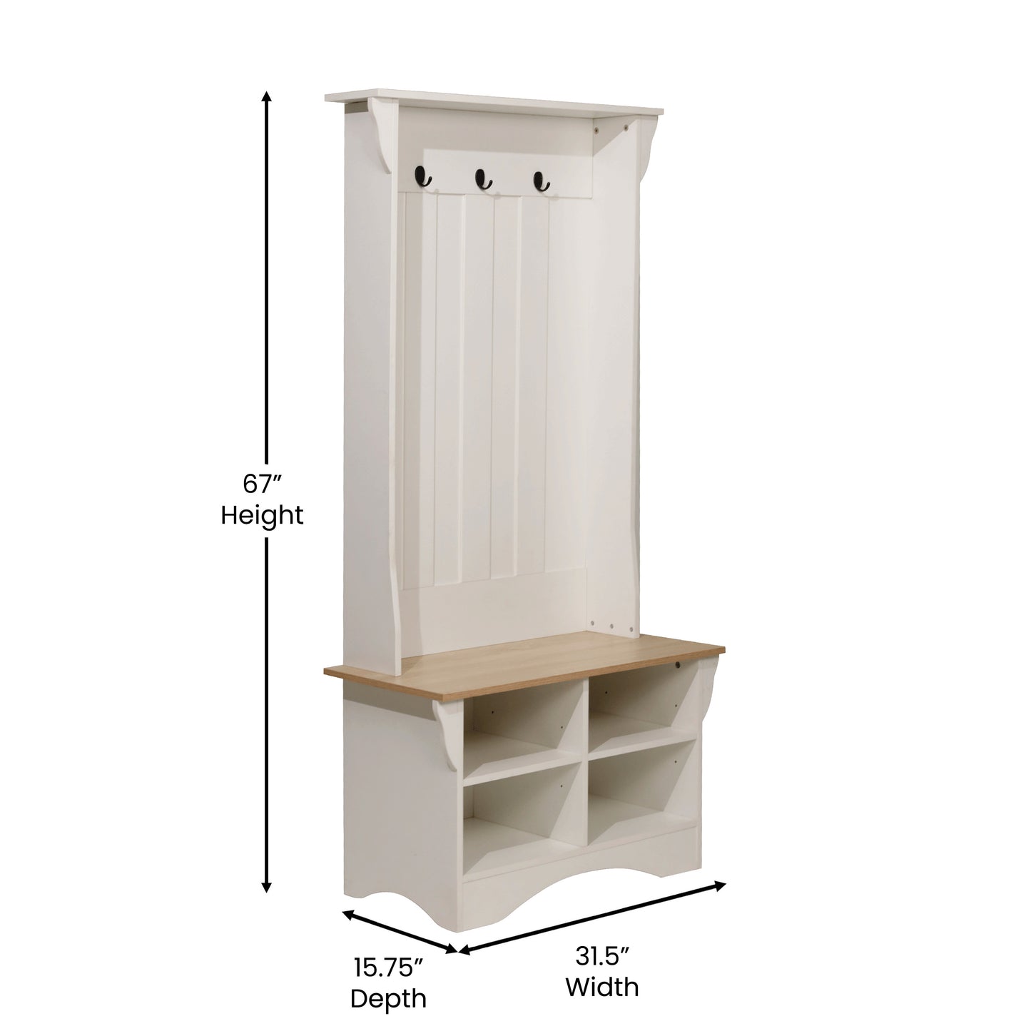Paisley 31.5" Wide Hall Tree with Bench, 3 Single Storage Hooks, and 4 Lower Storage Cubbies with Adjustable Shelves in White with Weathered Seat Weathered Natural Seat/Warm White Frame