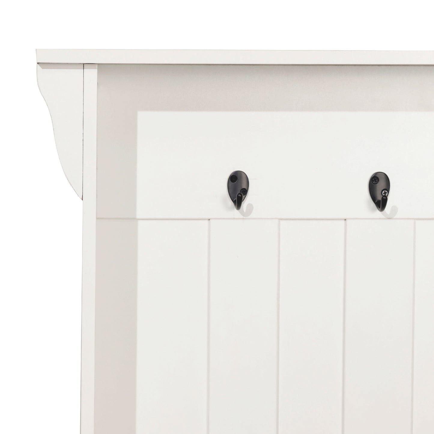 Paisley 31.5" Wide Hall Tree with Bench, 3 Single Storage Hooks, and 4 Lower Storage Cubbies with Adjustable Shelves in White with Weathered Seat Weathered Natural Seat/Warm White Frame