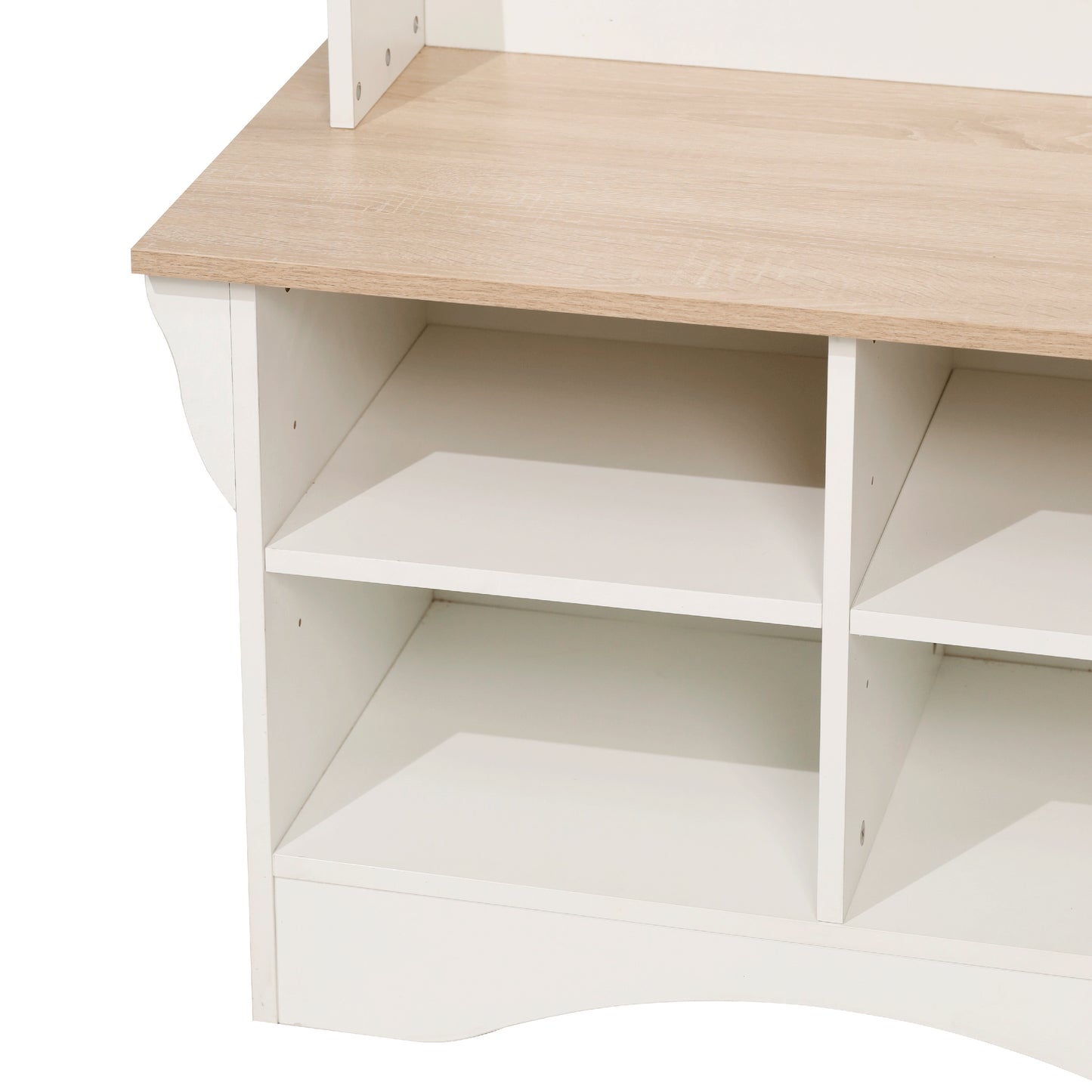 Paisley 31.5" Wide Hall Tree with Bench, 3 Single Storage Hooks, and 4 Lower Storage Cubbies with Adjustable Shelves in White with Weathered Seat Weathered Natural Seat/Warm White Frame