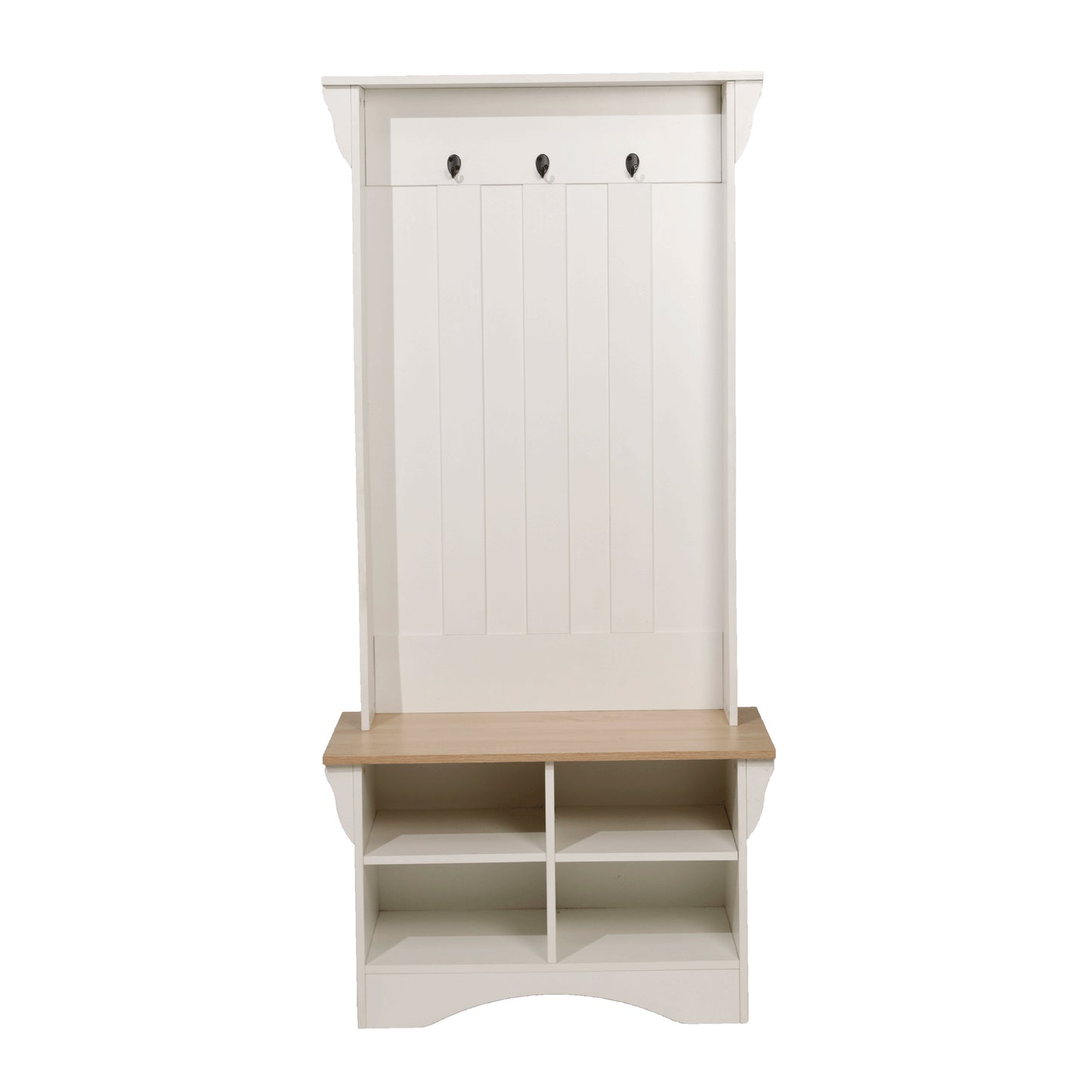 Paisley 31.5" Wide Hall Tree with Bench, 3 Single Storage Hooks, and 4 Lower Storage Cubbies with Adjustable Shelves in White with Weathered Seat Weathered Natural Seat/Warm White Frame