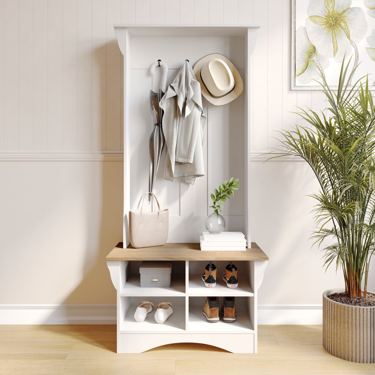 Paisley 31.5" Wide Hall Tree with Bench, 3 Single Storage Hooks, and 4 Lower Storage Cubbies with Adjustable Shelves in White with Weathered Seat Weathered Natural Seat/Warm White Frame