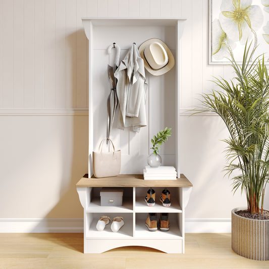 Paisley 31.5" Wide Hall Tree with Bench, 3 Single Storage Hooks, and 4 Lower Storage Cubbies with Adjustable Shelves in White with Weathered Seat Weathered Natural Seat/Warm White Frame