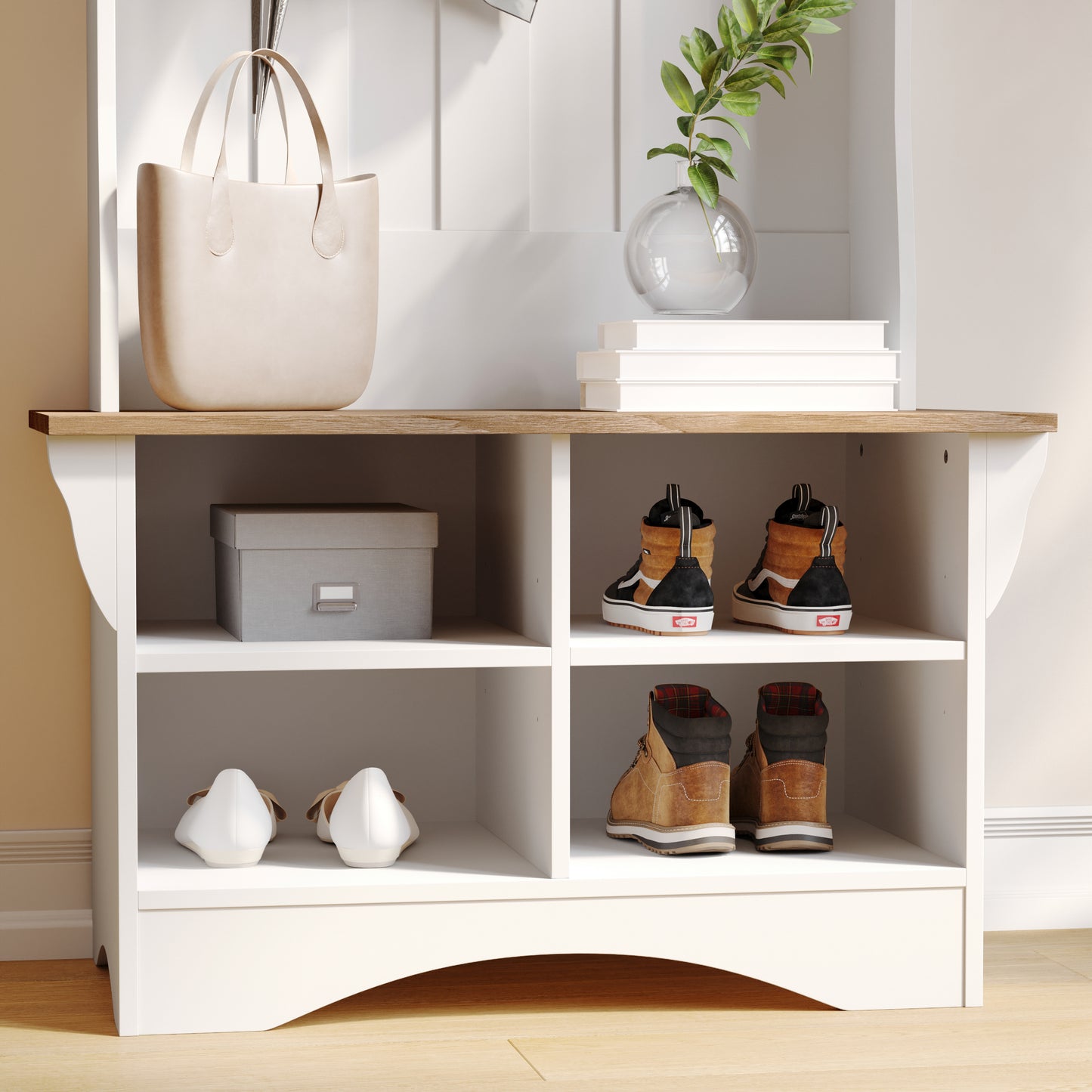 Paisley 31.5" Wide Hall Tree with Bench, 3 Single Storage Hooks, and 4 Lower Storage Cubbies with Adjustable Shelves in White with Weathered Seat Weathered Natural Seat/Warm White Frame