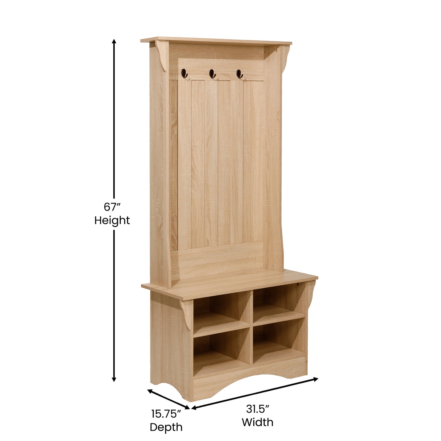Paisley 31.5" Wide Hall Tree with Bench, 3 Single Storage Hooks, and 4 Lower Storage Cubbies with Adjustable Shelves in Weathered Wood Weathered Natural